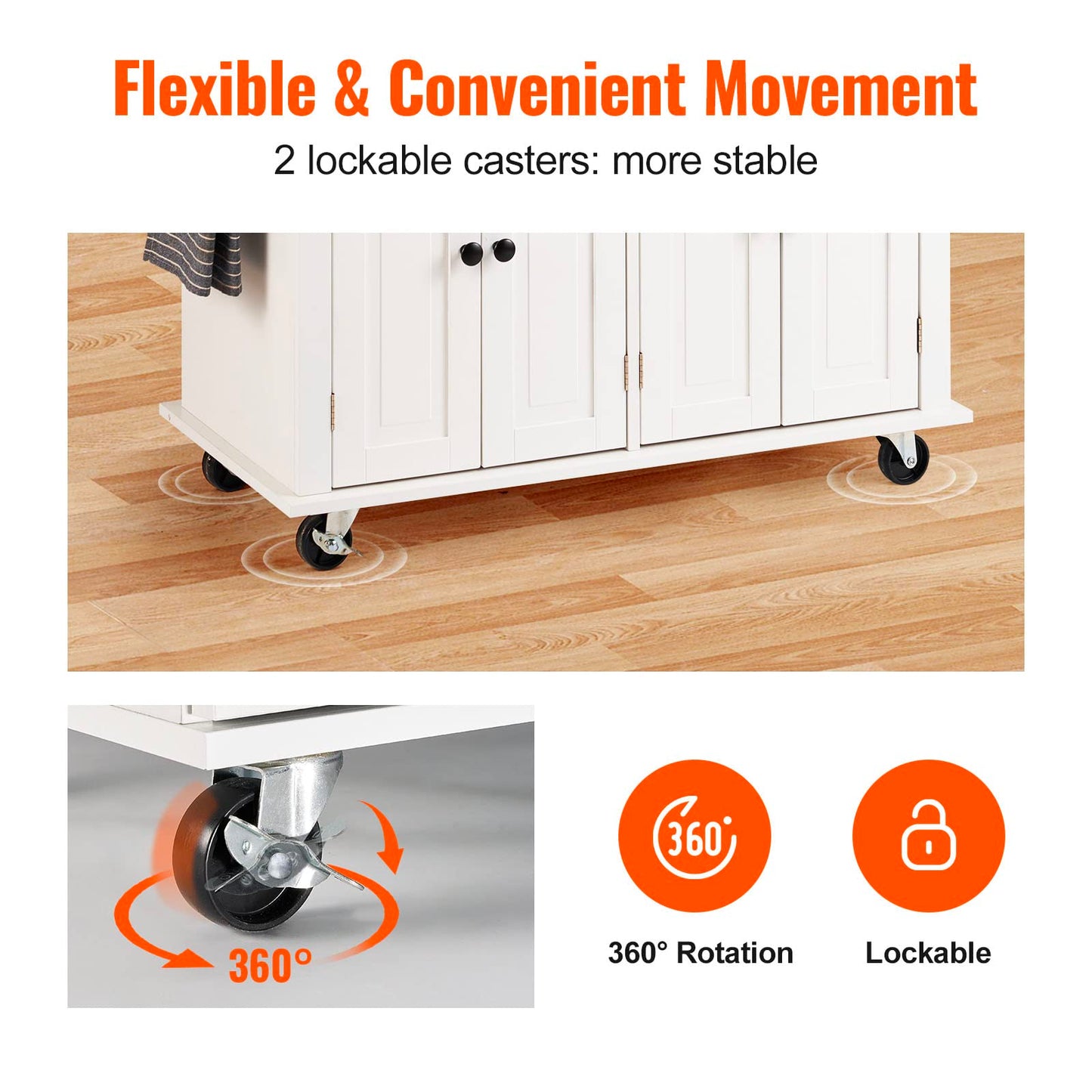 VEVOR Kitchen Island Cart with Solid Wood Top, 35.4" Width Mobile Carts with Storage Cabinet, Rolling Kitchen Table with Spice Rack, Towel Rack, and Drawer, Portable Islands on Wheels, White