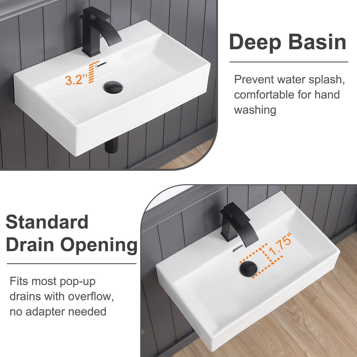 DEHOMEN 24-in Rectangle Wall Mount Bathroom Sink with Overflow, White Vanity Counter Top Lavatory Hand Basin for Modern Bathroom