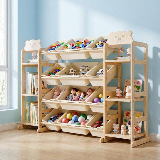 Toy Storage Organizer, Extra Large WoodenToy Storage, with 6 Side Shelves and 12 Bins, 3 -in-1 Bookshelf for Bedroom Playroom, Nursery, Wood Kids Toy Shelf and Bookcase 52.3"W x 13.5"D x 31.5"H