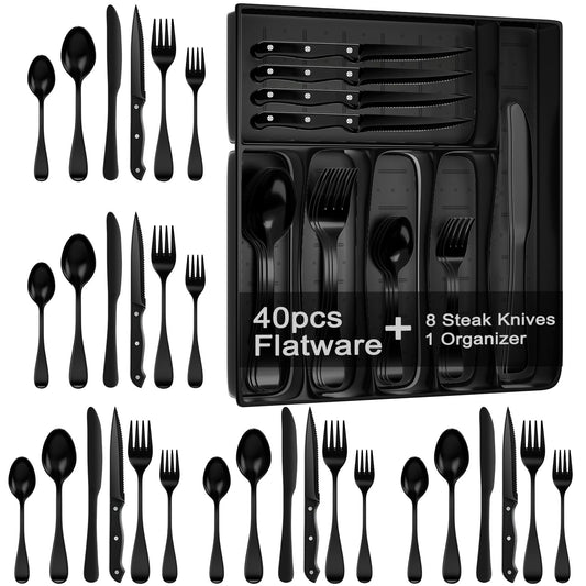 JUNLIN 49 Pieces Black Silverware Set with Steak Knives, Stainless Steel Silverware with Organizer Flatware Utensils Set for 8, Forks and Spoons Silverware Set Cutlery Set
