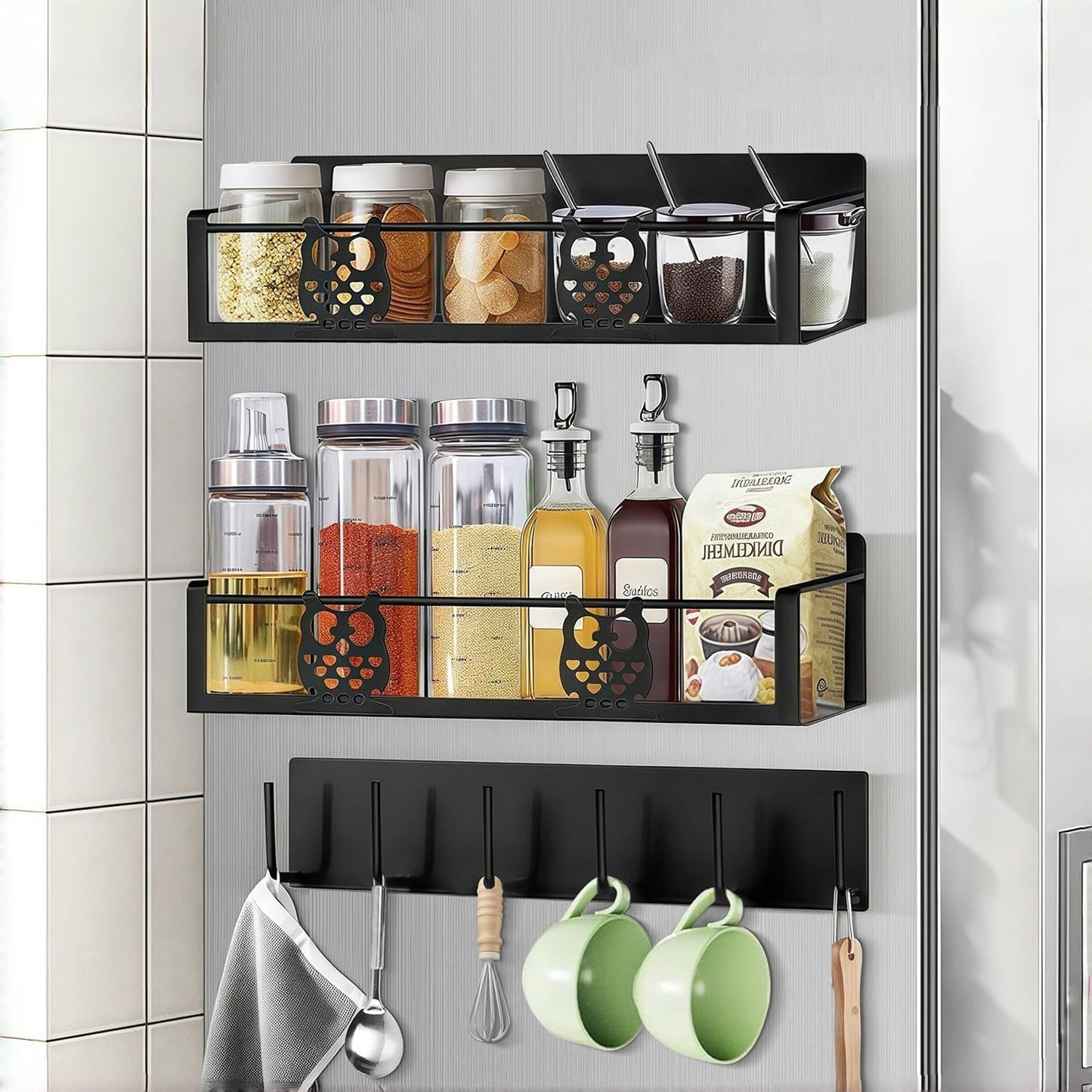 HCBaoXGui Magnetic Spice Rack for Refrigerator,Spice Organizer for Kitchen,Seasoning Organizer Rack,Magnetic Shelf with Hooks,Strong Magnet,Moveable,No Drilling(3 Pack,Black,Owl)