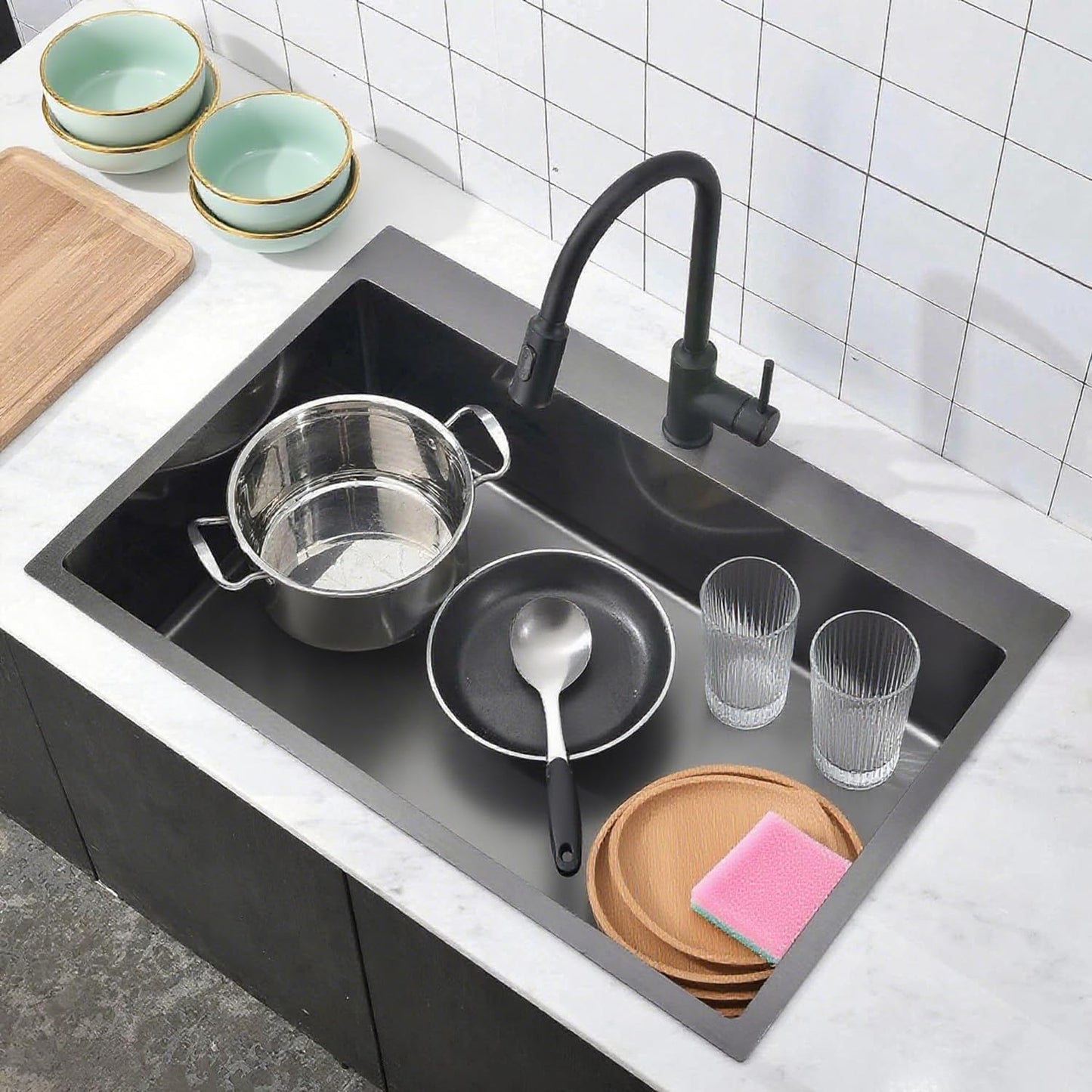 Comllen 28x18 inch Stainless Steel Black Drop In Kitchen Sink,28 Inch Topmount Sinks,16 Gauge 9 Inch Deep Single T304 Single Bowl Kitchen Sink With Strainer