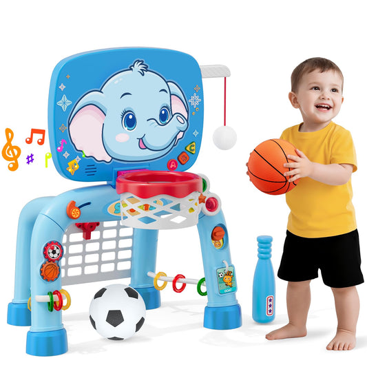 Wee Wonders Toddler Basketball Hoop & Soccer Goal Tball Set, Kids Sport Toys with Light & Sound, Musical Activity Center Toys for 1 2 3 Years Old Boys, Christmas Birthday Gifts for Baby 12-18 Months