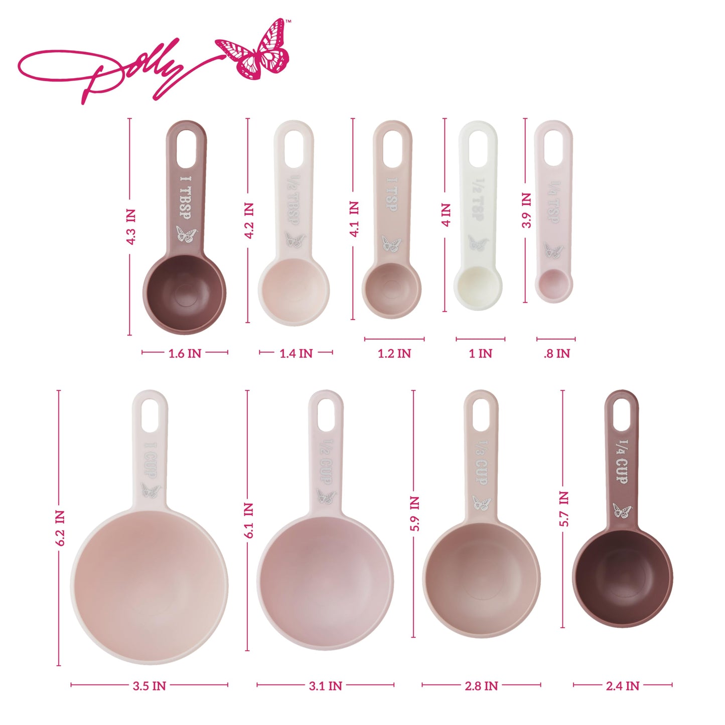 Dolly Parton Measuring Cups and Spoons Set, Pink with Butterfly Accents, Easy-Read Markings, Nesting Design with Ring, 1/4 tsp to 1 Cup, Baking and Cooking Essential, 9 Piece