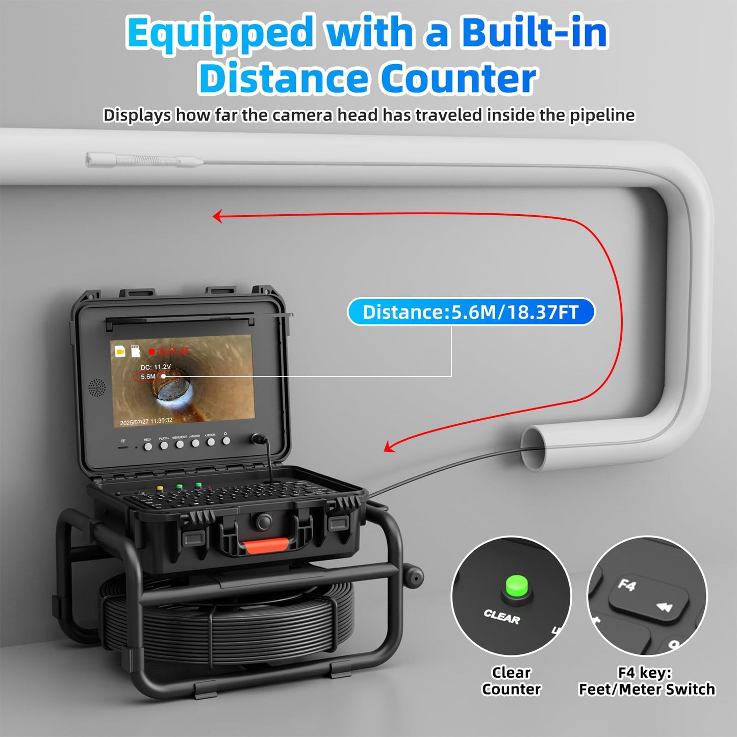Sanyipace Sewer Camera with 512Hz Transmitter,10" Plumbing Camera with Distance Counter, IP68 Camera with 12 Adjustable LEDs,32GB DVR for Sewer Line,Home,Duct Drain Pipe Plumbing（100ft/30m,7mm Cable