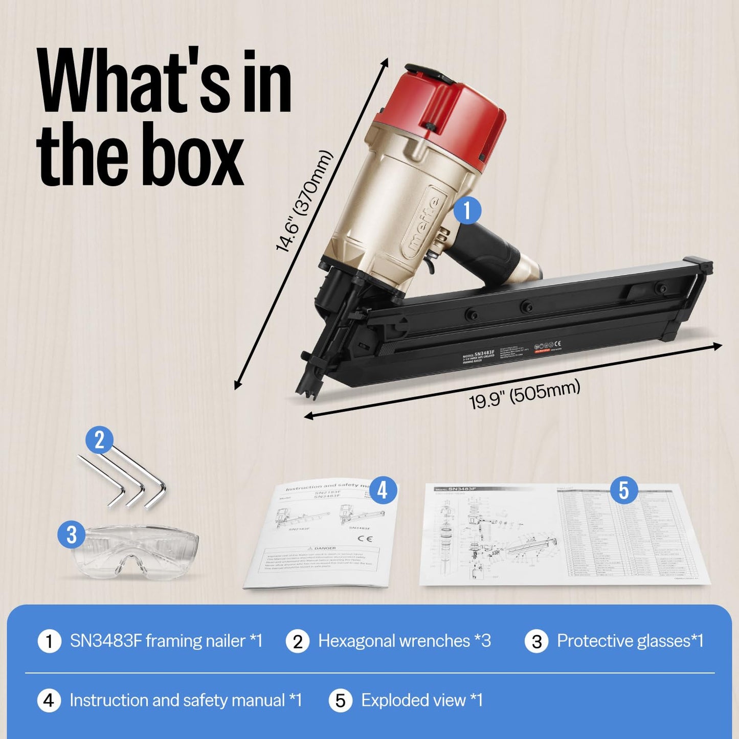 meite SN3483F 30 Degree Framing Nailer Pneumatic Nail Gun, Accepts 30-34 Degree 2" to 3-1/4" Paper Collated Framing Nails, Pro-grade Air-powered Framing Nail Gun Tools for Wall Studs Sheathing Decking
