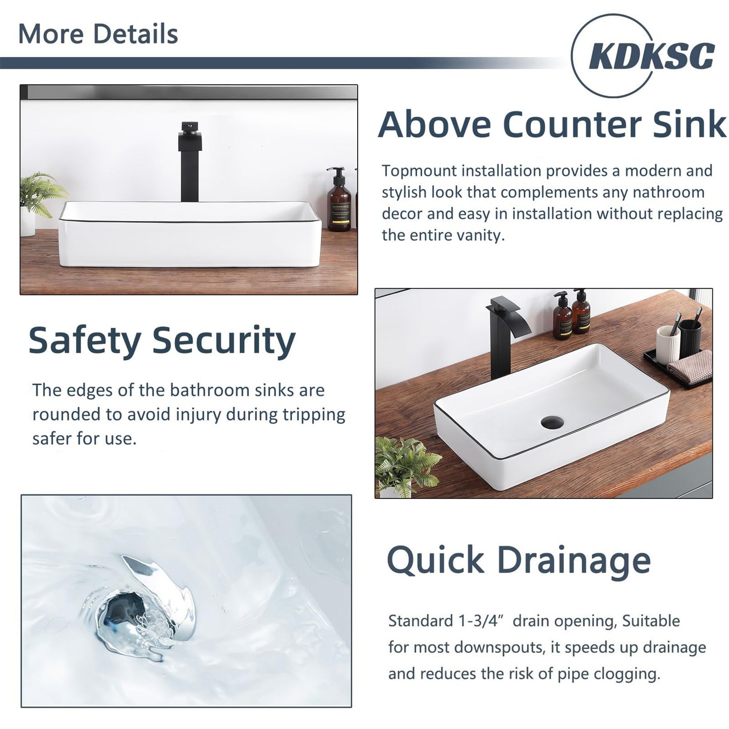 KDKSC Vessel Sink 24"x14" Rectangular Bathroom Sink White with Black Trim Porcelain Ceramic Modern Above Counter Vanity Sinks