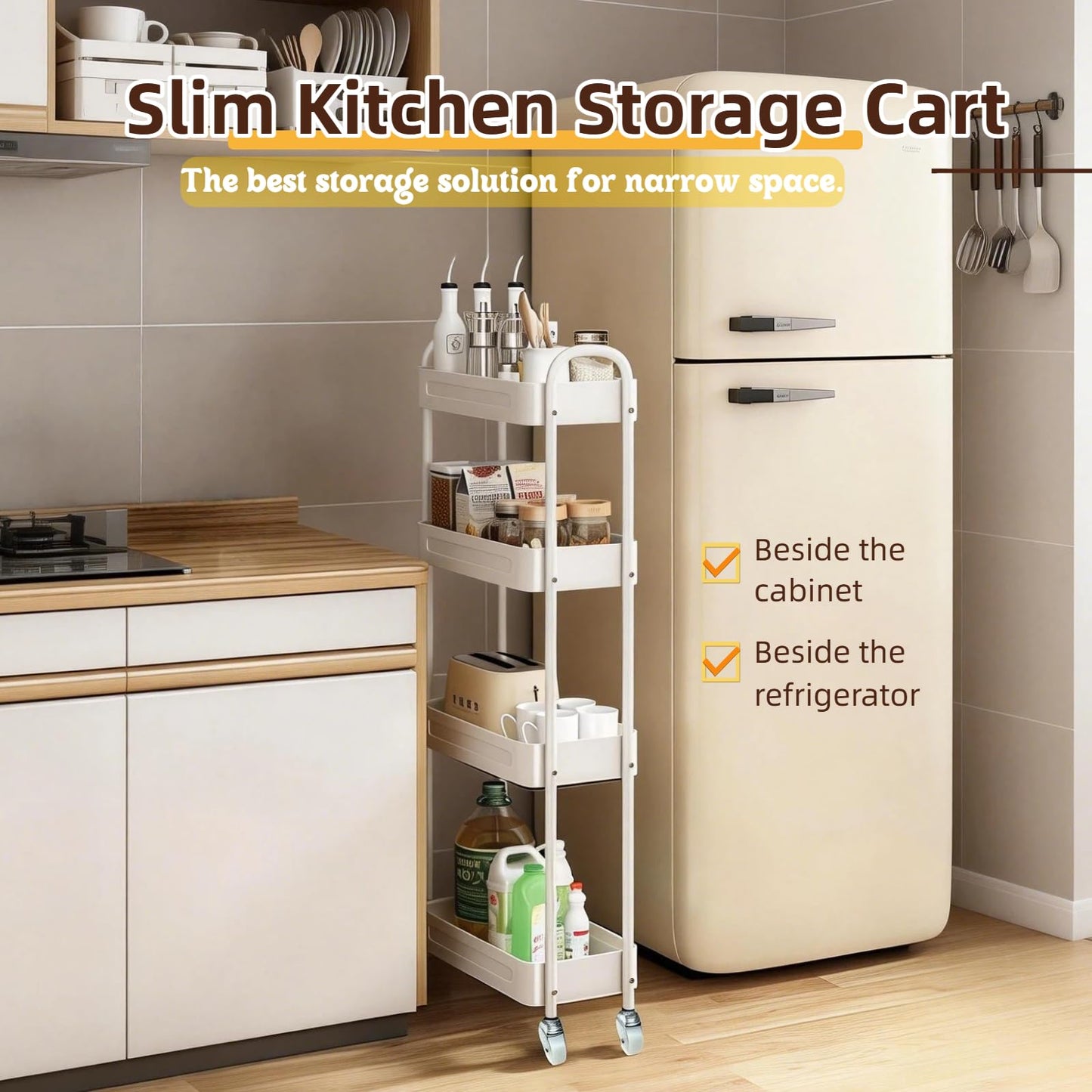 LIWNYRK 4 Tier Slim Kitchen Storage Cart for Narrow Space, 7.1'' Wide Metal Rolling cart with Wheels and Lockable Casters, Sturdy Mobile Thin Shelf for Laundry Room Between Washer and Dryer, White