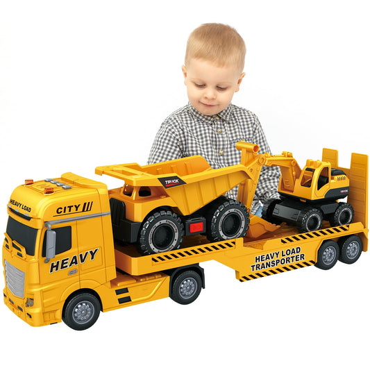 lonfypeng 3-in-1 Construction Truck Toy for Ages 3-6 – 25.6 Inch Extra-Large Semi-Truck with Lights & Sounds, Detachable Excavator and Light & Sound Dump Truck, Inertia Vehicle Set