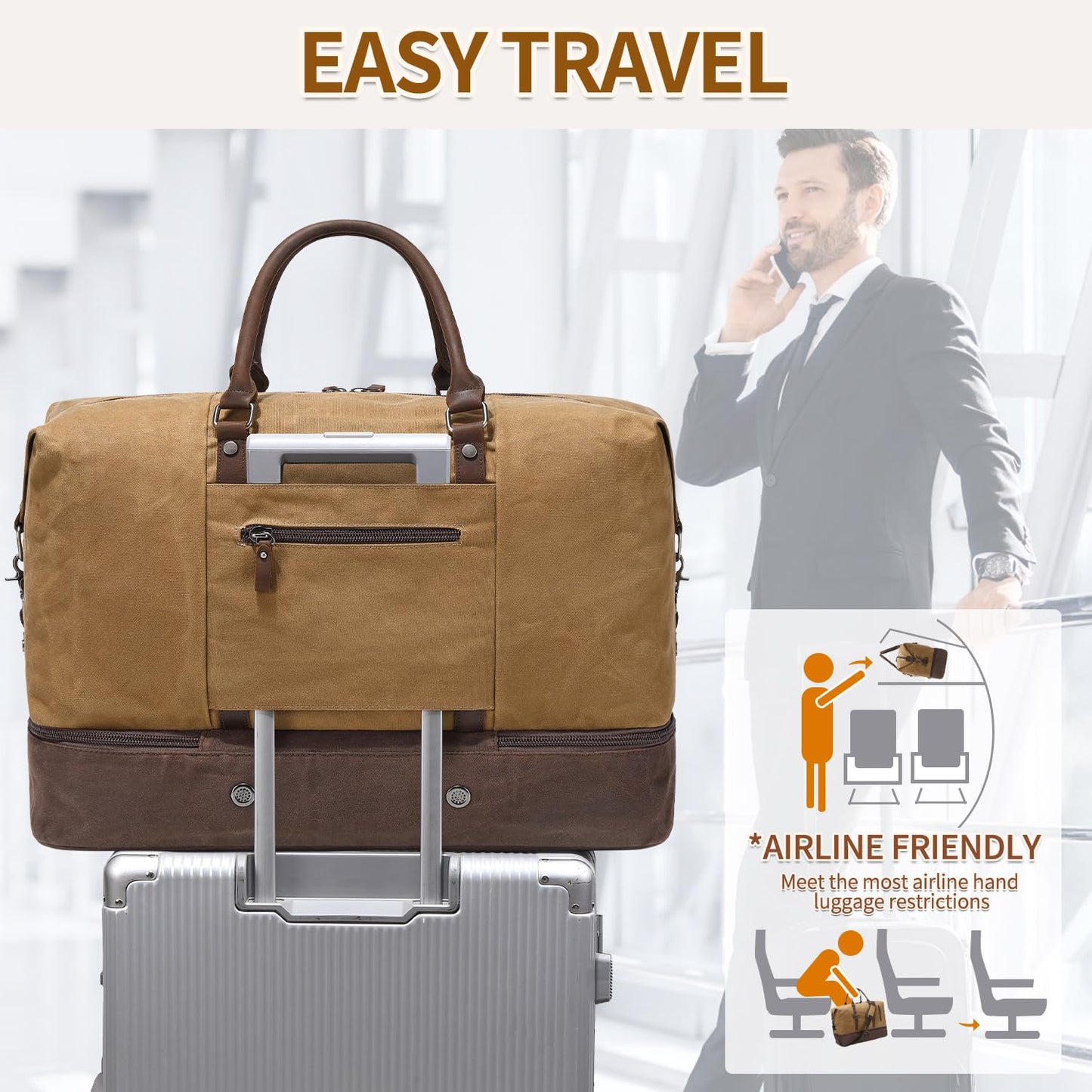 FENGDONG Weekender Bag Large Overnight Bag for Men Women Tote with Shoe Compartment Canvas Carry on Luggage Bag Travel Duffel Bag Brown
