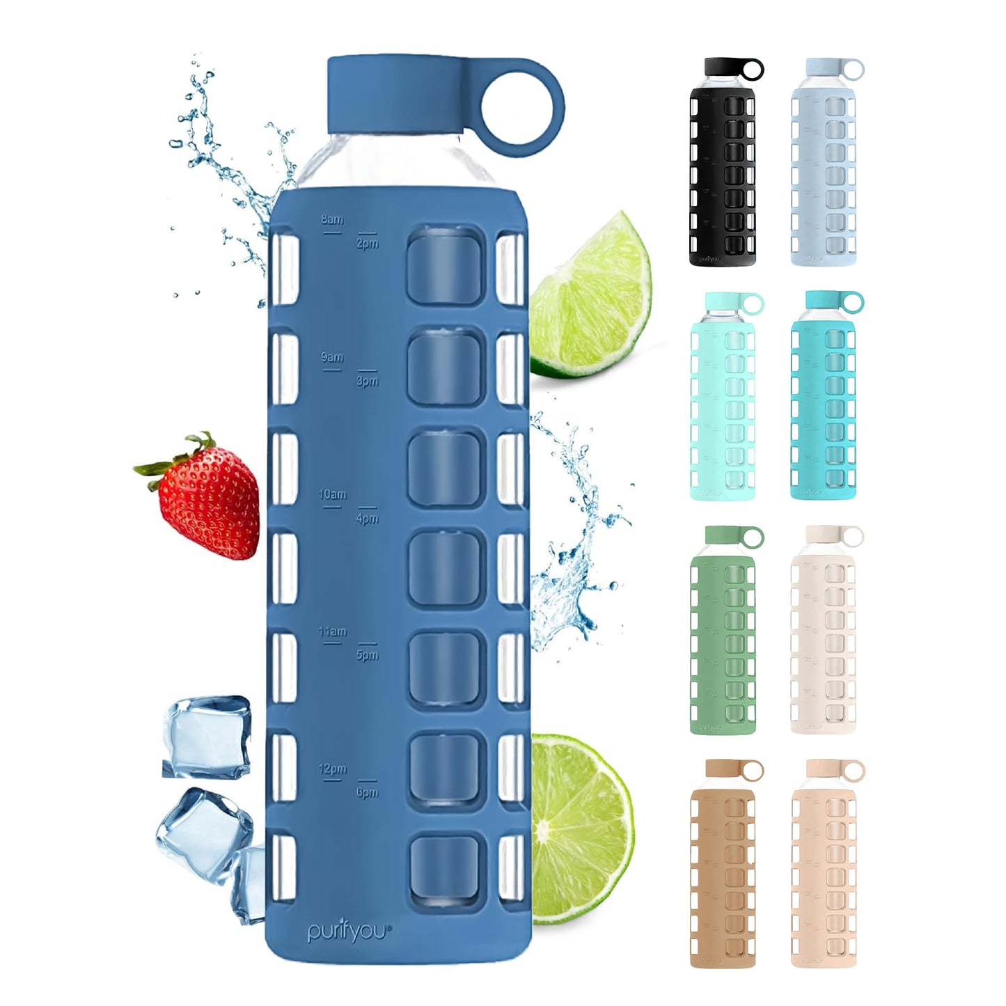 purifyou 40oz / 32oz / 22oz / 12oz Borosilicate Glass Water Bottle with Time & Volume Markers, Silicone Sleeve, Stainless Steel Lid – Reusable Glass Bottle for Water & Juice (32oz Chinese Porcelain)