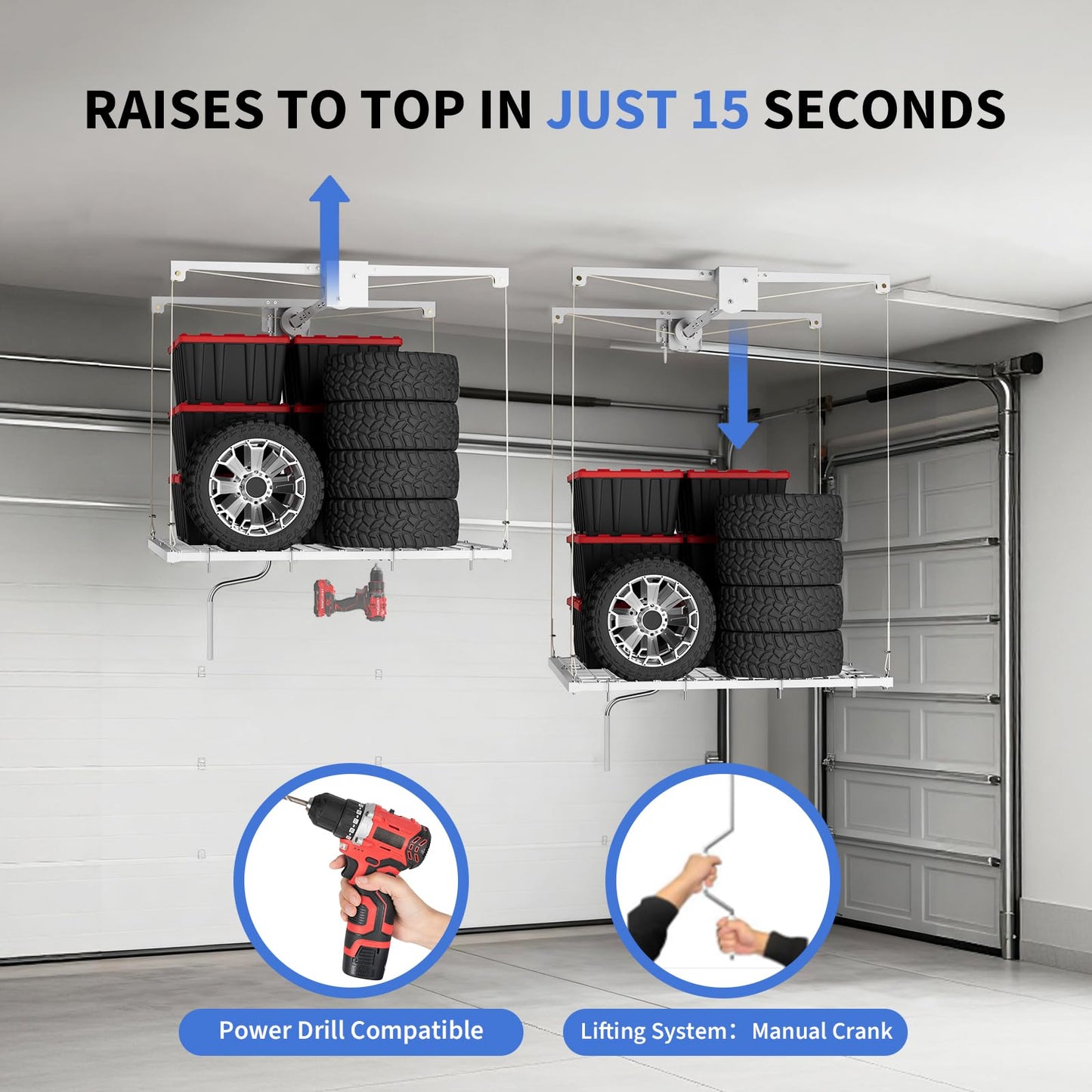 OUTLANE Heavy Duty Overhead Garage Storage Rack Lift, 4x4 ft Ceiling Mount Storage Rack with Hand Crank & Power Drill Compatibility, 350 Lbs Capacity, Adjustable Height Up to 79 in, Double Rope Safety
