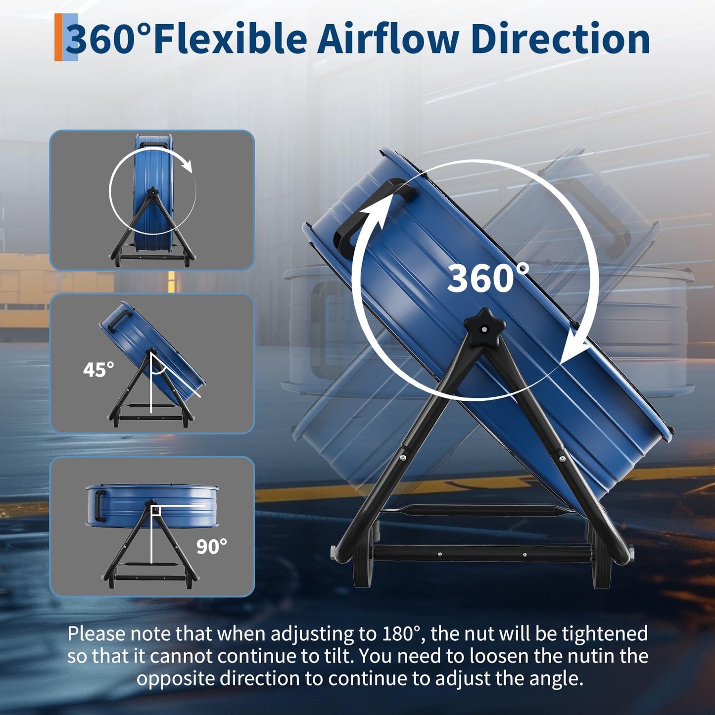 MilleLoom 24 in High Velocity Drum Fan, Heavy Duty Industrial Floor Fan with Adjustable 3 Speed 4800-8800 CFM Cooling, for Industrial Commercial Space Garage, Metal Blades/360° Rotation, Blue