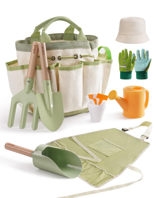 ROBUD Kid Gardening Set, Wooden Garden Tool for Kid, Garden Tool Kit with Tool Storage Bag, Apron, Gloves, Montessori Toys for Kids to be Closed to Nature, WRP25