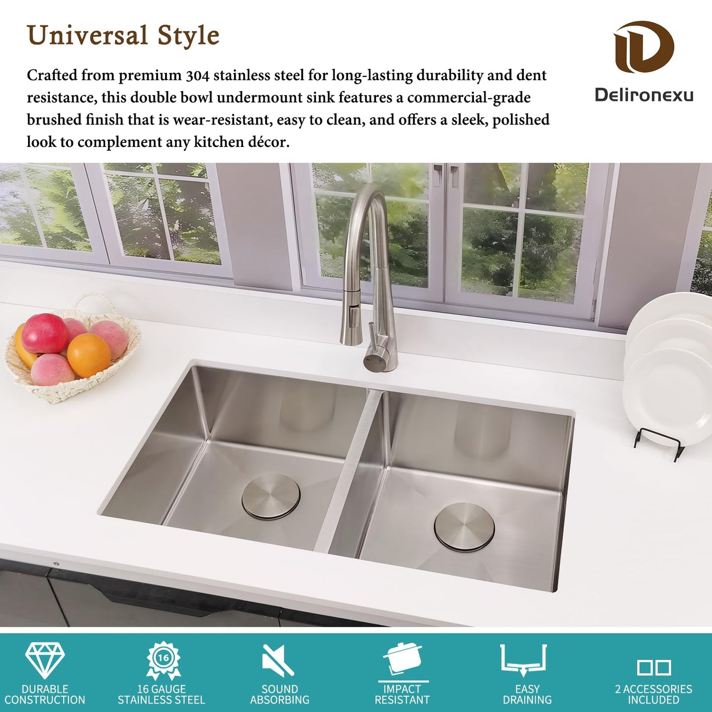 32 Inch Double Bowl Kitchen Sinks Undermount – Delironexu 16 Gauge Stainless Steel Kitchen Sink Double Bowl, 32x18 Undermount Kitchen Sink with Brushed Finish, 50/50 Double Sink