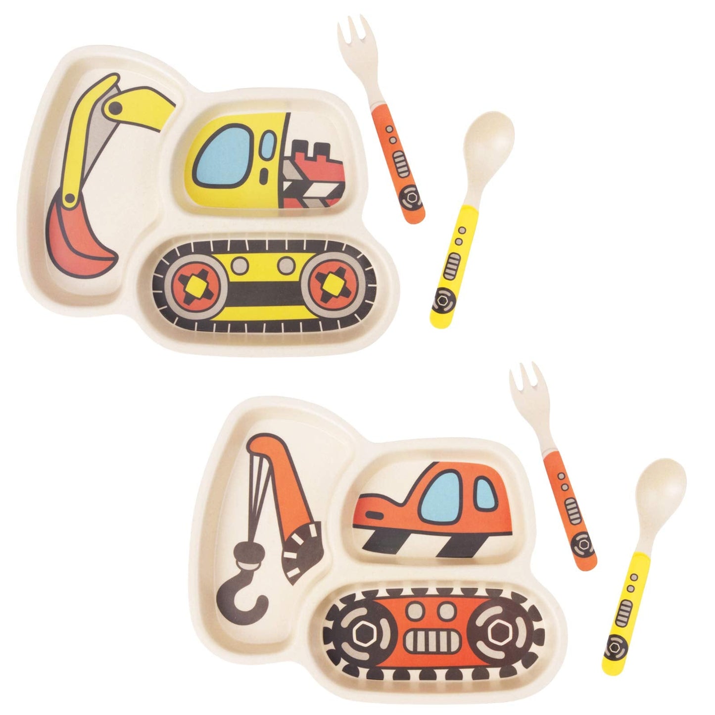Kid Plate Set Bamboo Toddler Plates Dinnerware Dinner Dish Set Baby Feeding Spill Proof Divided Plate - Baby Spoon and fork 3-Piece Set for Kids and Toddlers (excavator/crane)