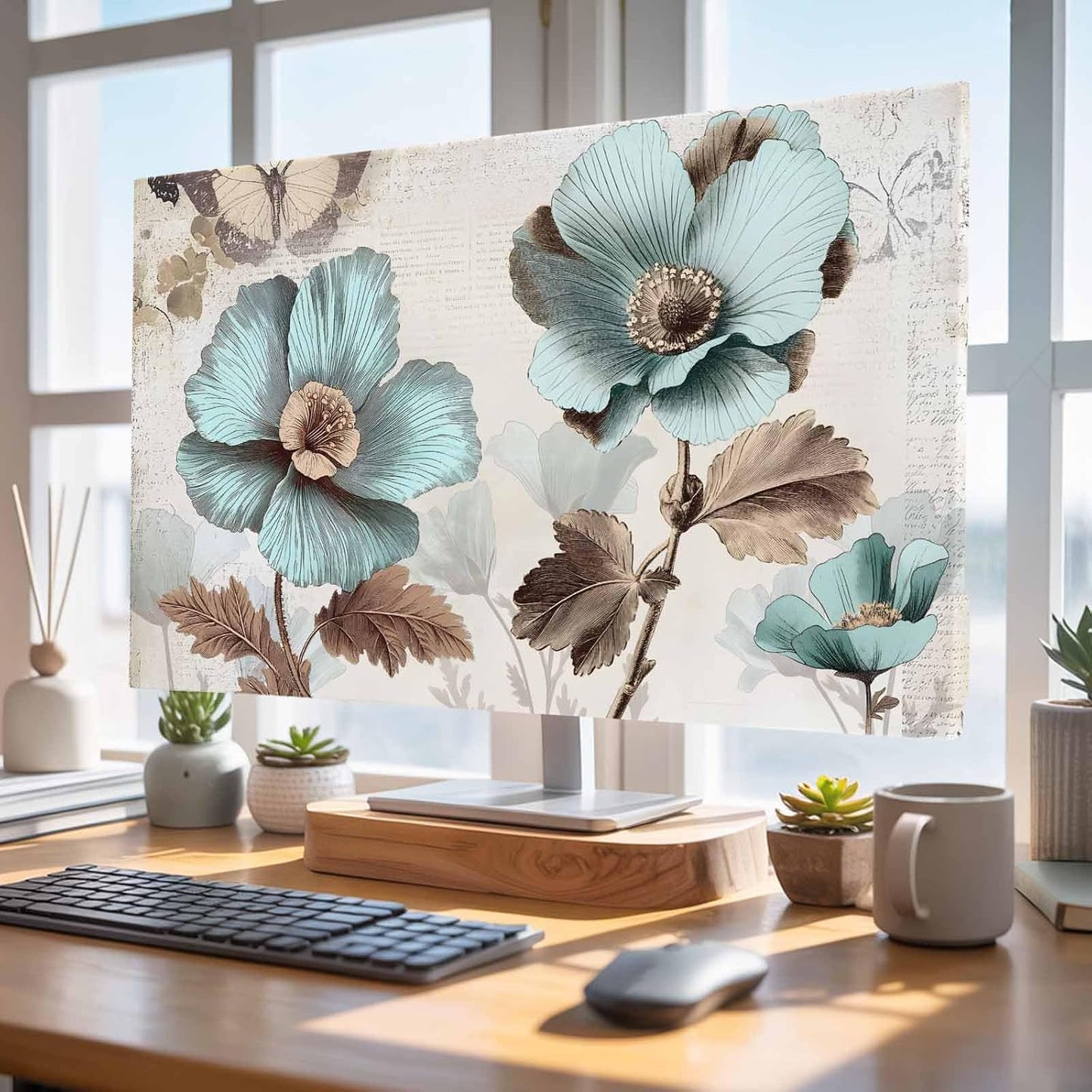 Yukro 32 Inch, 28"x16" Victorian Style Broccoli Butterfly Indoor TV Dust Cover, Blue Flowers Plant Elastic TV Dustproof