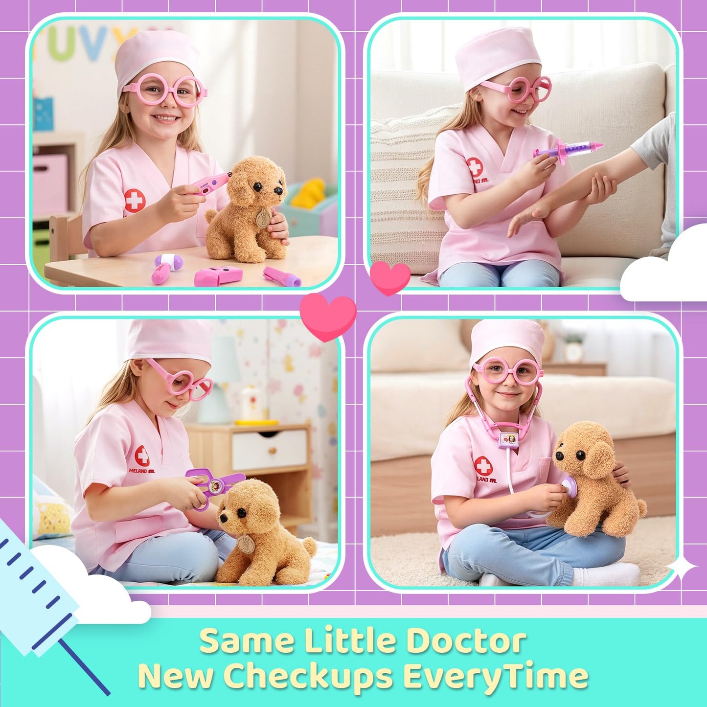 Meland Toy Doctor Kit for Girls, Pretend Play Toy Doctor Set with Dog , Carrying Bag, Stethoscope & Dress Up Costume Gift for Kids Toddlers Ages 3 4 5 6 Year Old for Role Play