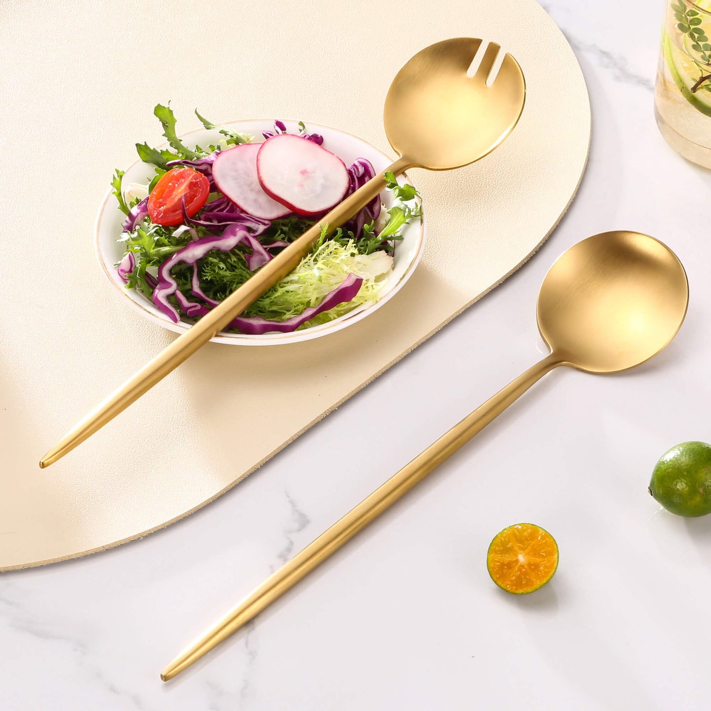 Lemeya Gold Salad Serving Utensils,Serving Spoons Stainless Steel,2Pcs Long Handle Salad Servers 11.42 Inch,Salad Utensils for Serving,Matte Finish,Dishwasher Safe