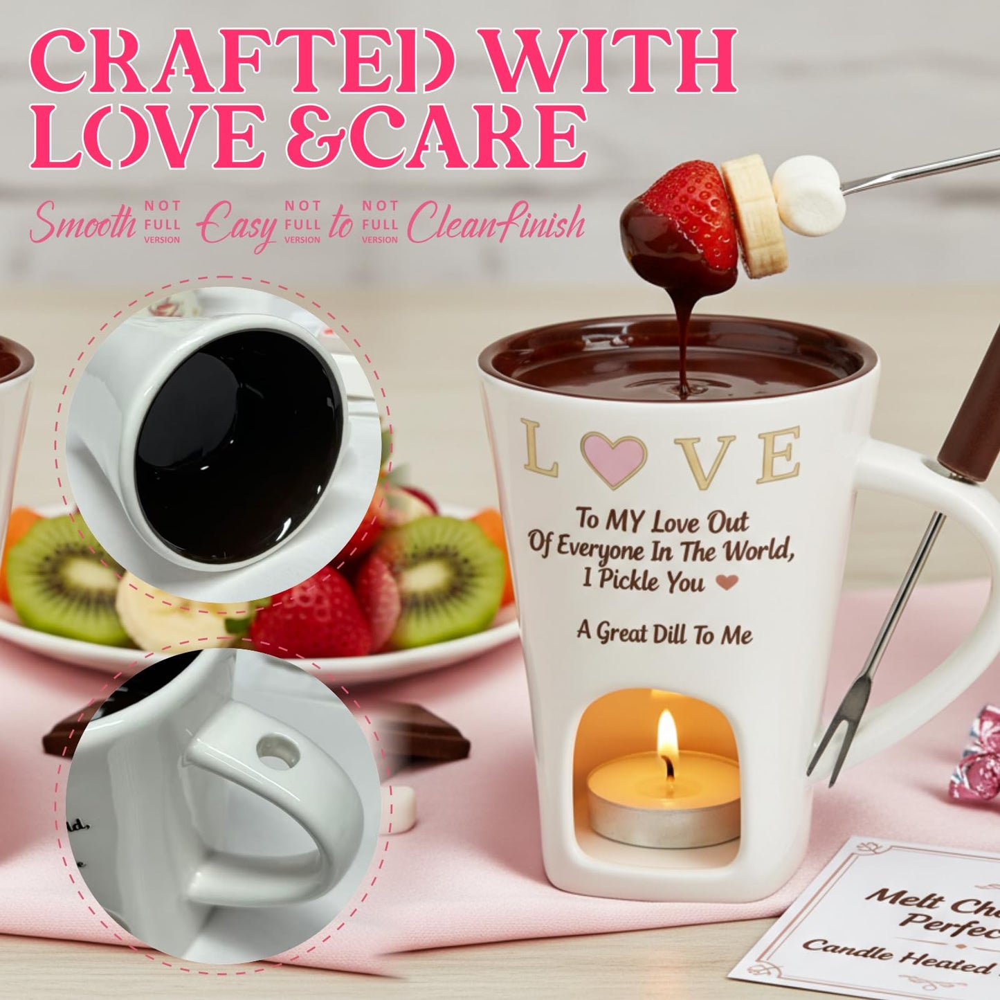 2 PCS Chocolate Fondue Mug with 2 Fork and 4 Candle, Ceramic Chocolate Melting Cup Ideal Couple Gifts Date Night Wedding Gifts