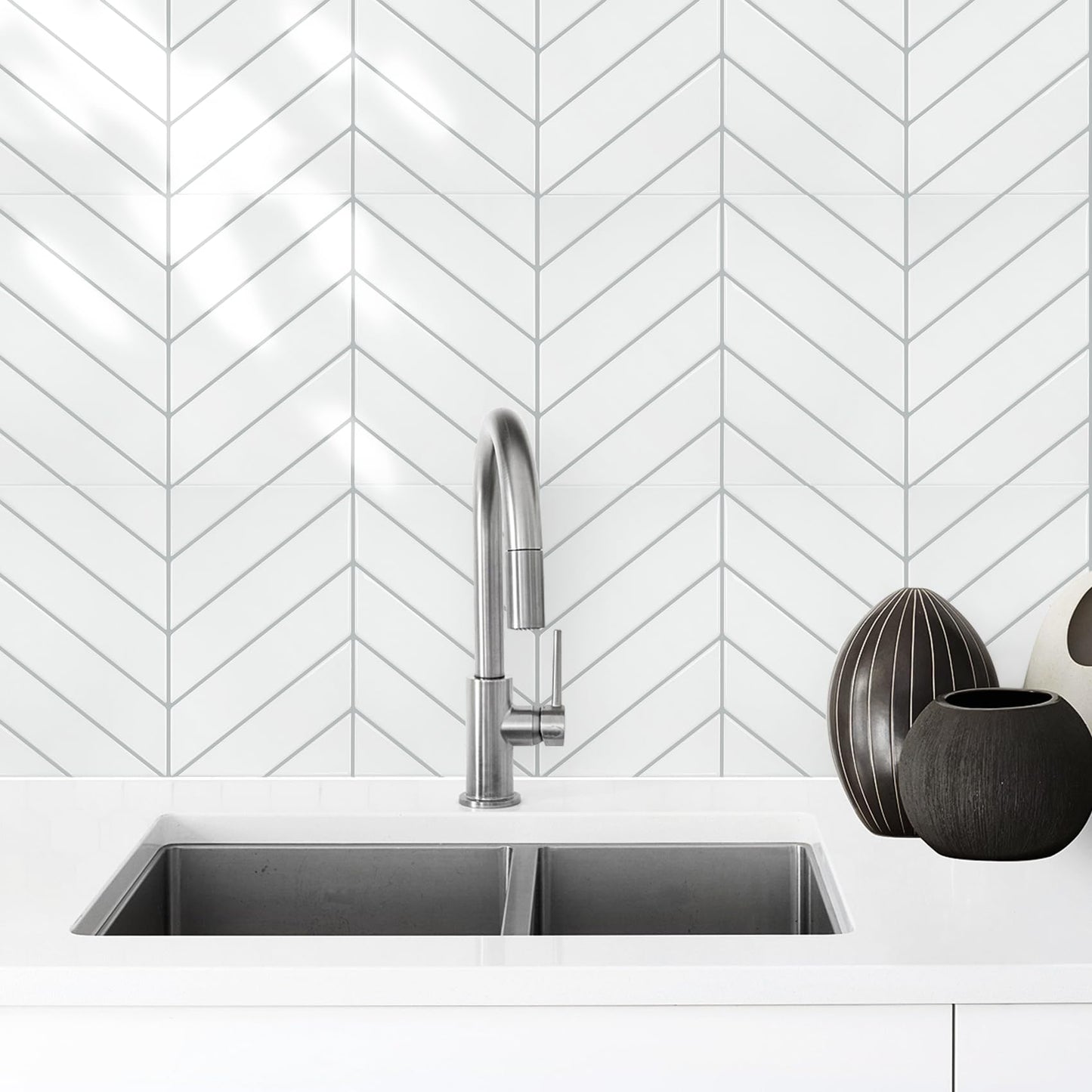 STICKGOO 10 Sheets Thicker Herringbone Peel and Stick Backsplash, 12.6”×9.7” Stick on Wall Tiles, Self Adhesive Tile Sticker for Kitchen Backsplash and Bathroom, White with Grey Grout