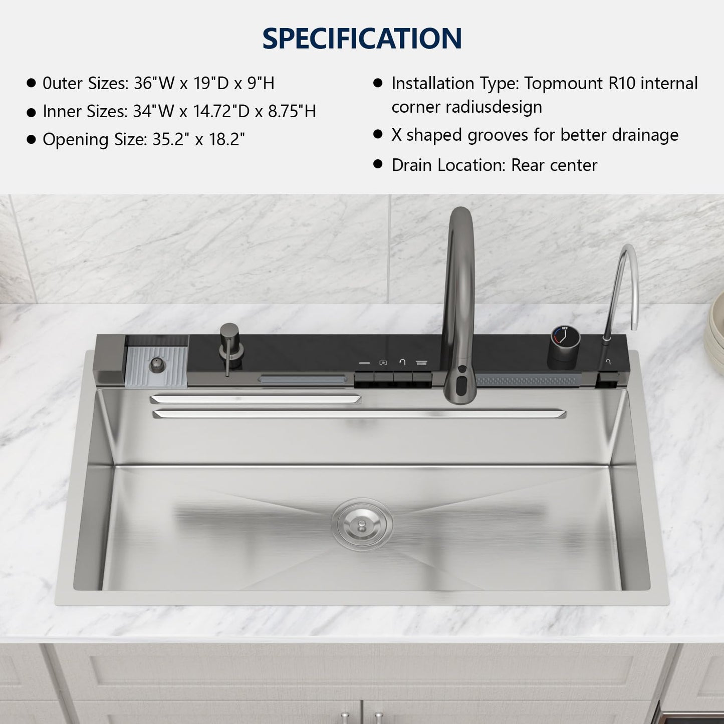 Logmey 36" Smart Dual Waterfall Sink with Digital Display,Water Purifier,Nano PVD Drop in Kitchen Sink with Faucet,16 Gauge Stainless Steel Sinks with Temperature Control Knob,5 Buttons,36x19x9