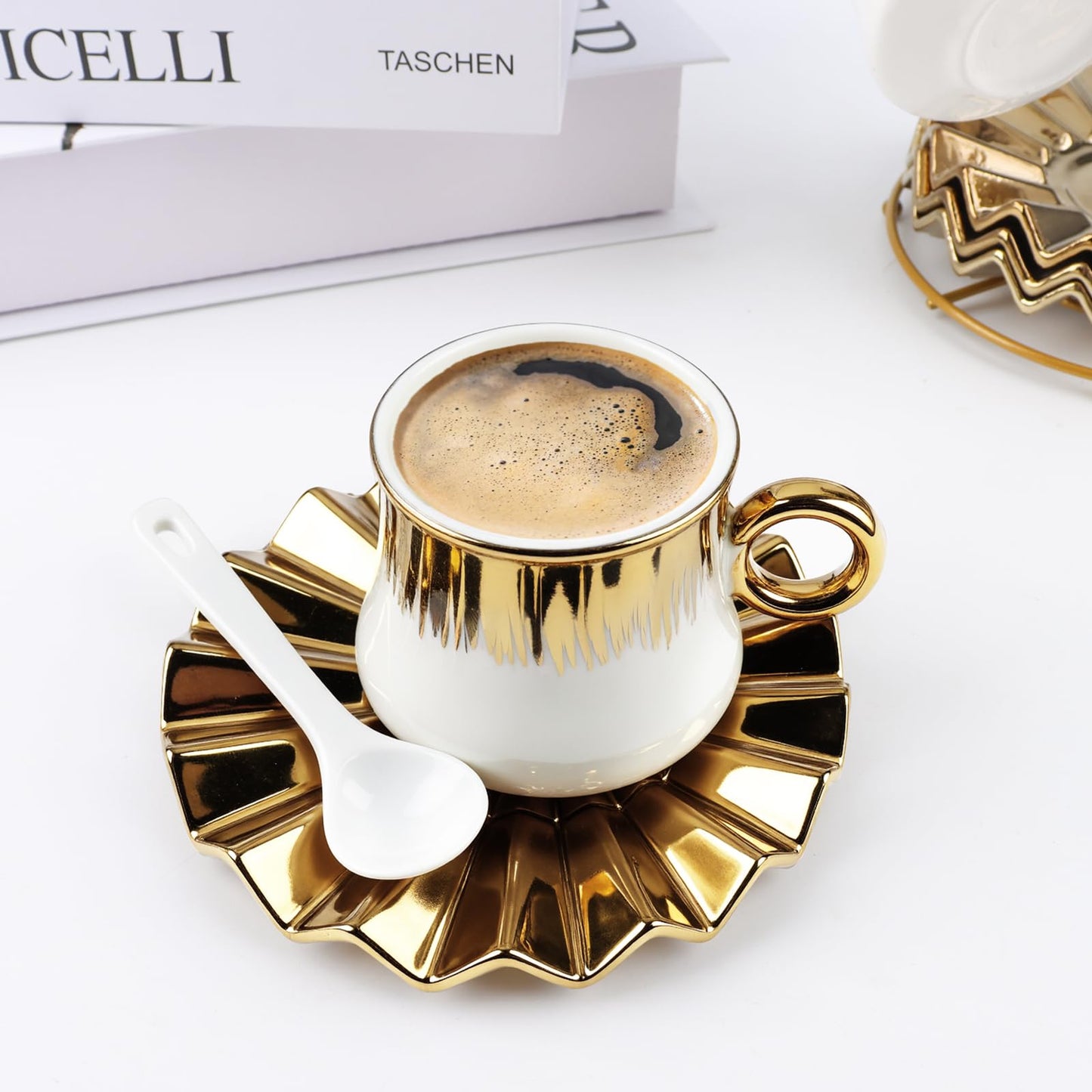 3.5oz Ceramic Espresso Cups Set of 6, Small Stackable Coffee Cups with Saucers, Ottoman-Style Turkish Coffee Cup Set for Tea, Espresso, Latte, Coffee, Cafe Mocha, Black Gift Box with Window(White)