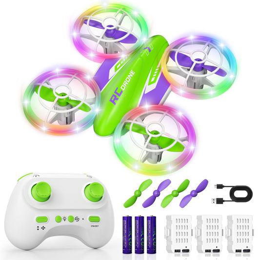 LED RC Drone for Kids 6+, Christmas Birthday Gift for Boys & Girls with Remote Batteries, 360° Flip, High Speed Mode, 45 Min Flight Indoor and Outdoor Flying Toy - GreenPurple