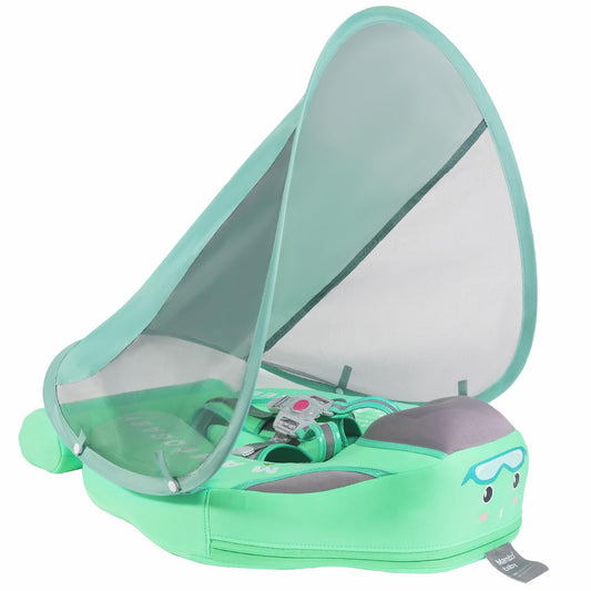 GENTEACO Mambobaby Baby Pool Float with Removable Canopy 3-24 Months Baby Float Non-Inflatable Infant Swim Float Add Tail Avoid Flip Skin-Friendly Material Swim Trainer for Toddler Boys Girls (Green)