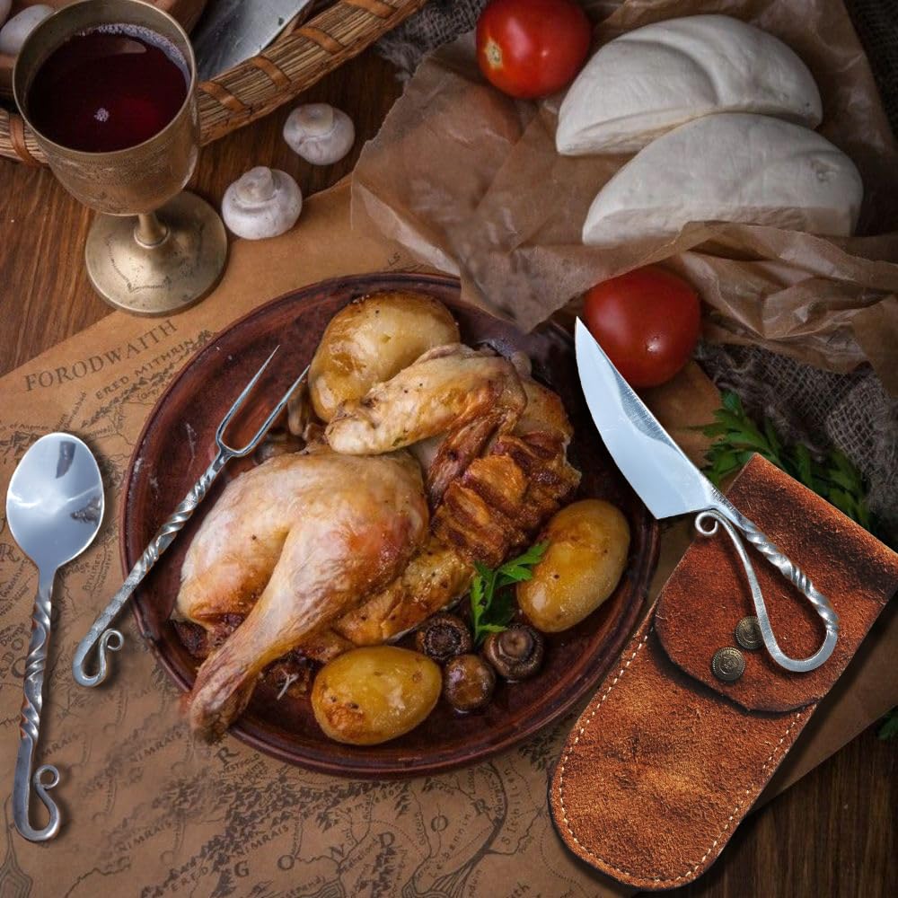 Customize Viking 3-Piece Medieval Cutlery Set, Hand Forged Feasting Set, Twisted Pattern Eating Utensils, Carbon Steel Flatware With Leather Pouch