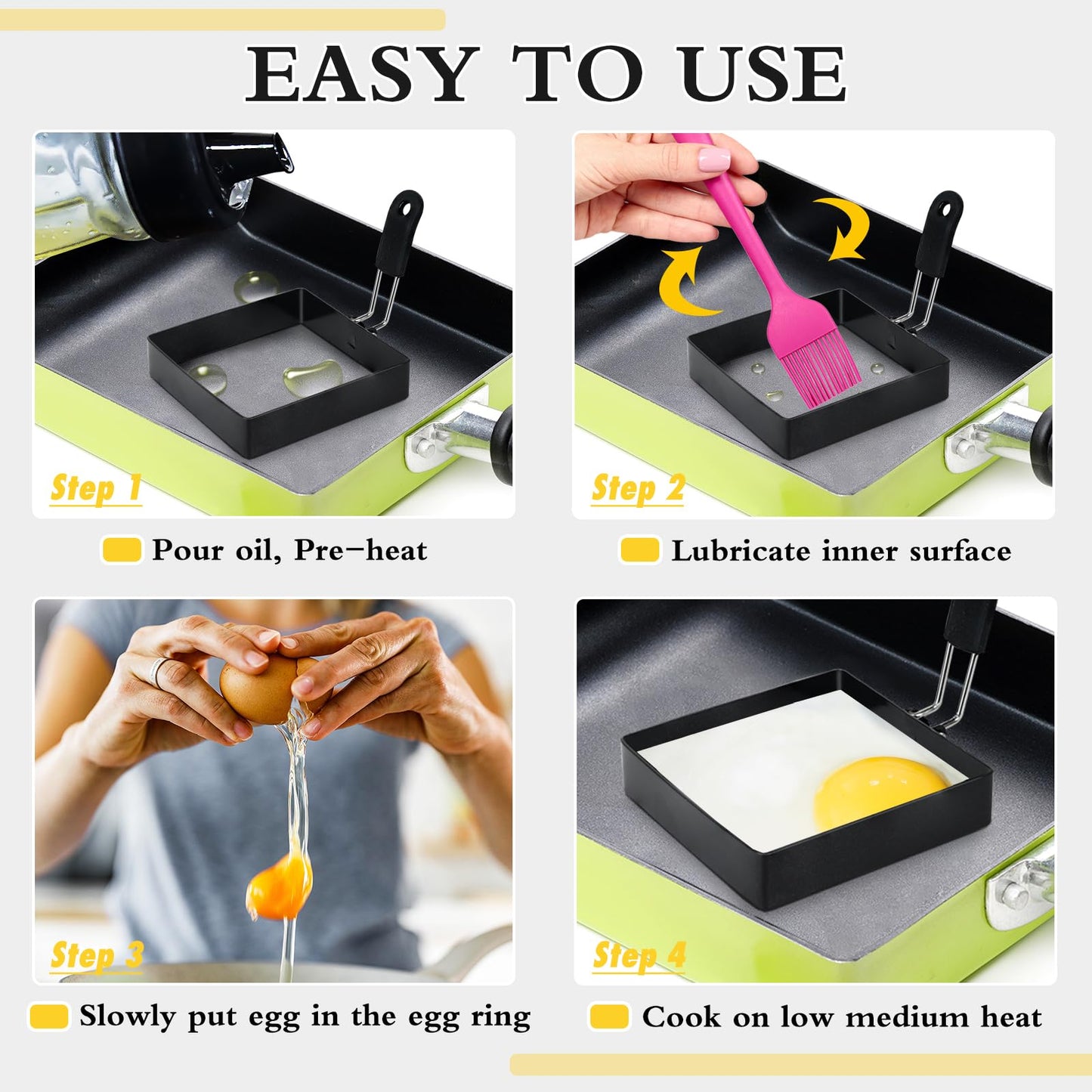 LXLOVESM 2-Pack 4'' Square Egg Rings Set with Silicone Handle, Stainless Steel Egg Cooking Rings，Nonstick，For Frying Eggs and English Muffins Pancake, Egg Mold Shaper For Breakfast