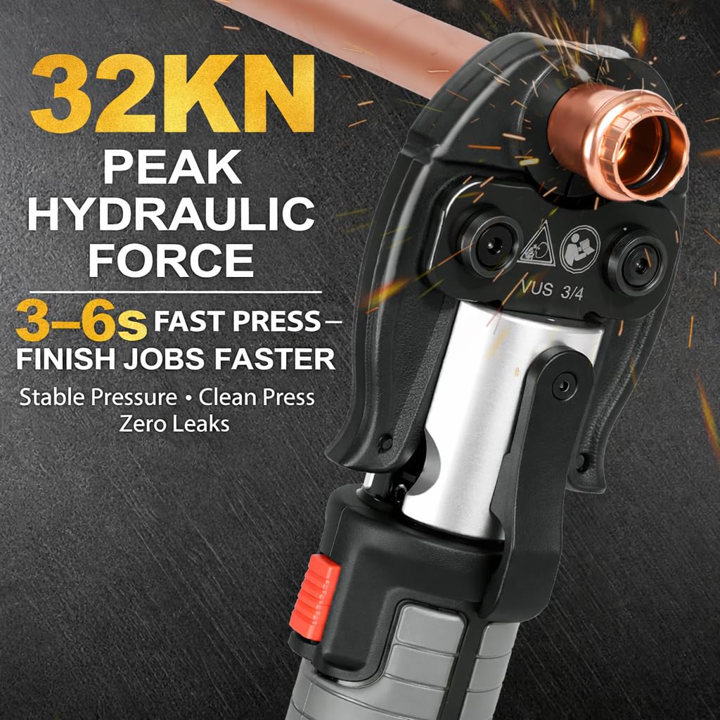 UTZIKO 18V Electric Pipe Crimping Tool Kit with Tube Cutter, 32KN Hydraulic Pipe Crimper for 1/2", 3/4", 1" Copper, PEX & Stainless Steel Pipes, 360° Rotating Head, 2 Batteries