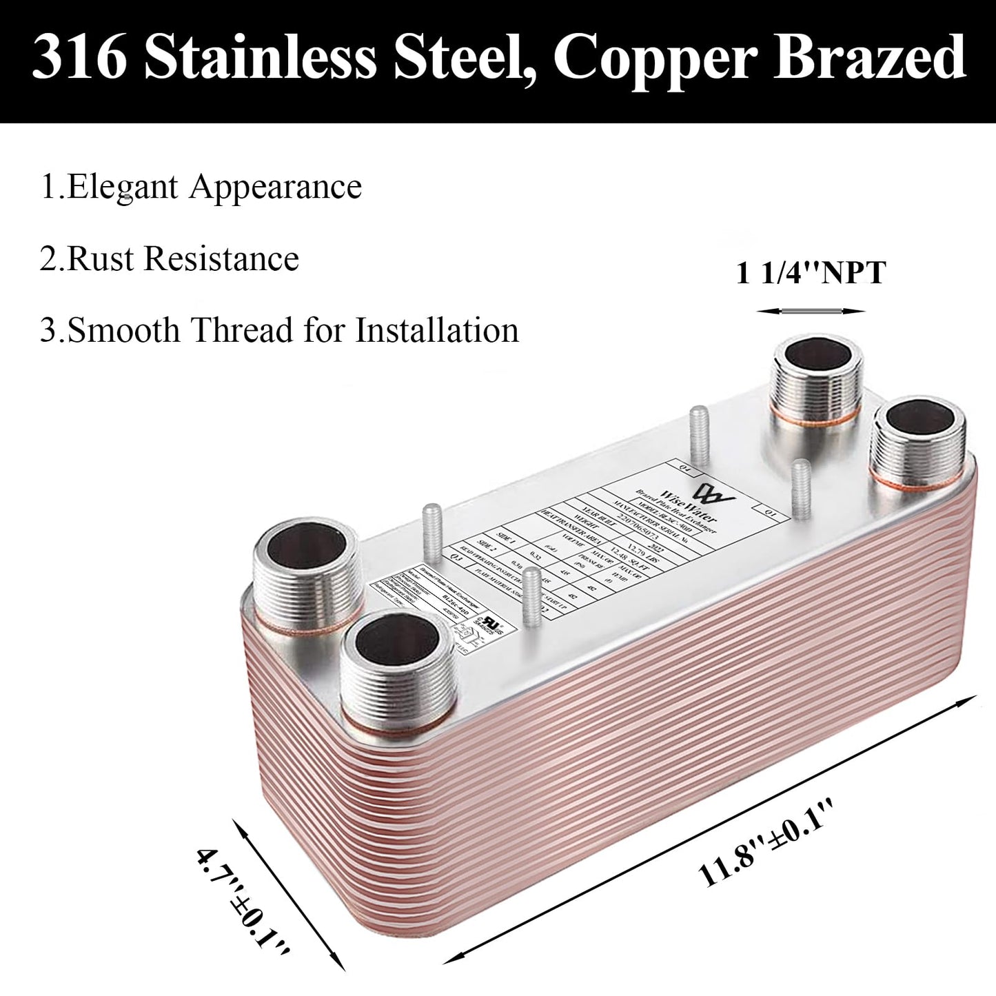 Brazed Plate Heat Exchanger Stainless Steel SS316L 5"x12" 90 Plates 1 1/4" MPT 1,100,000 BTU/hr Hydronic Heating