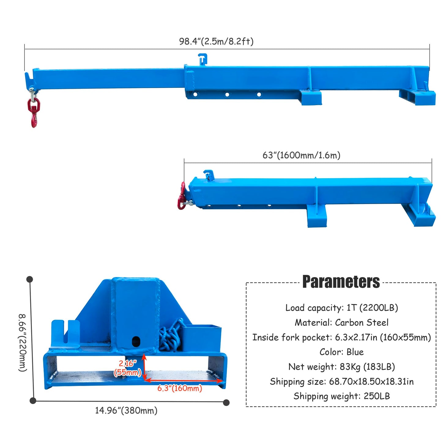 INTSUPERMAI Forklift Mobile Crane 2200lbs/1 Ton Capacity Adjustable Forklift Jib Boom Crane Max 8.2ft/2.5m Telescopic Arm with Truss Hoist Jib Boom and Hook for Warehouses Factories Workshops