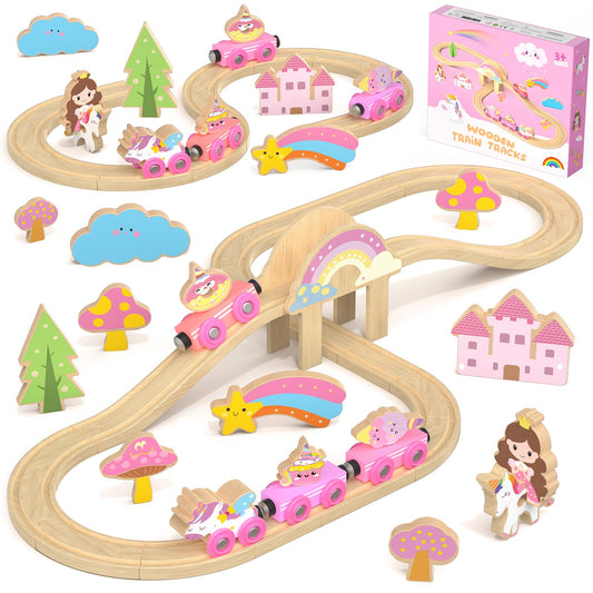 Hot Bee Wooden Train Set for Toddlers 2-4, 38-Piece Unicorn Train Set for Girls, Pink Wooden Train Track Set with Fairies & Unicorns, Girl Train Set Birthday Gifts for 2 3 4 5 Year Old Girls
