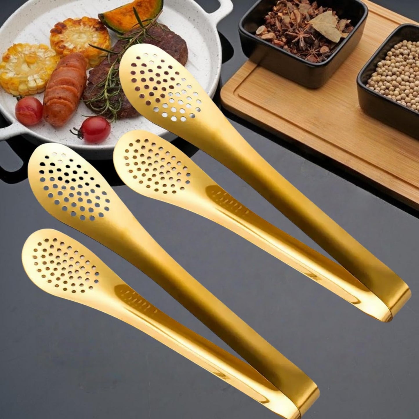9 Inch Gold Buffet Tongs Set of 4, Stainless Steel Food Serving Utensils Tong for Cooking, Salad, Barbecue, Buffet, Toast