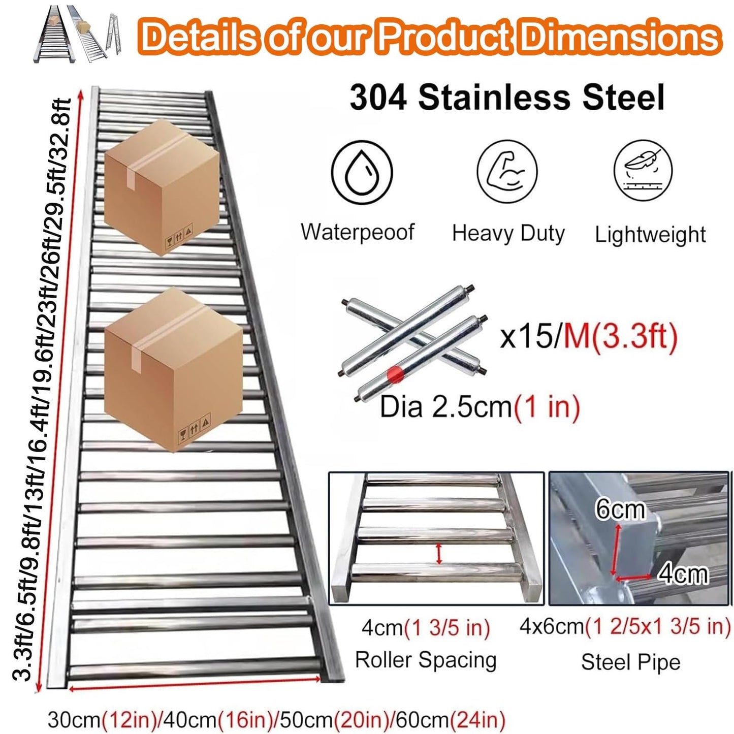 Heavy Duty Adjustable Gravity Conveyor Roller for Warehouse Unloading, 3.3-33ft Lengths, 20in Width, Durable & Versatile Stand for Efficient Material Handling