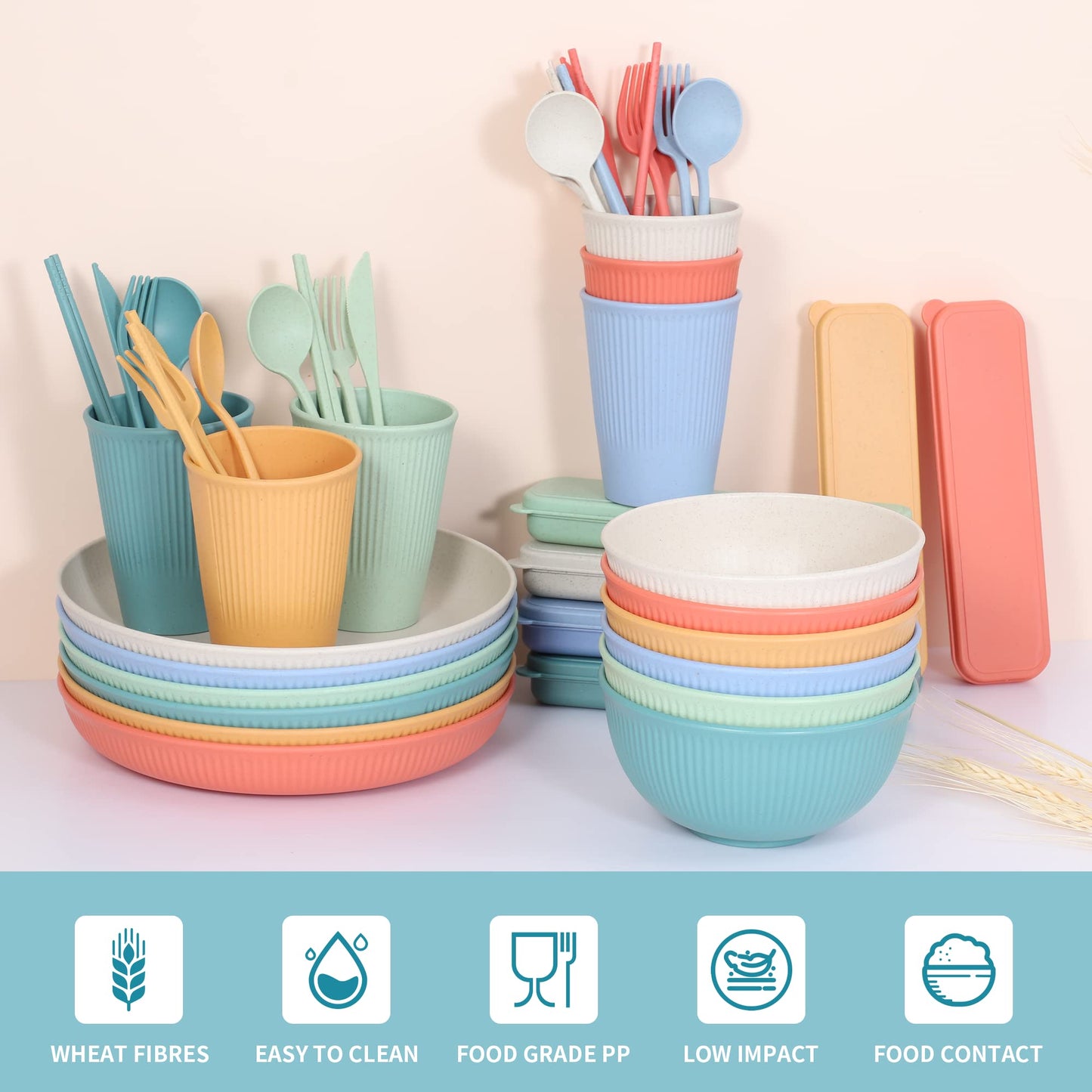 Becutlery Wheat Straw Dinnerware Sets, Unbreakable Dinnerware Set for 6,Reusable Lightweight Tableware Dinner Dishes, Bowls, Cups, tableware, 24pcs Dinnerware Microwave & Dishwasher & Kids Safe