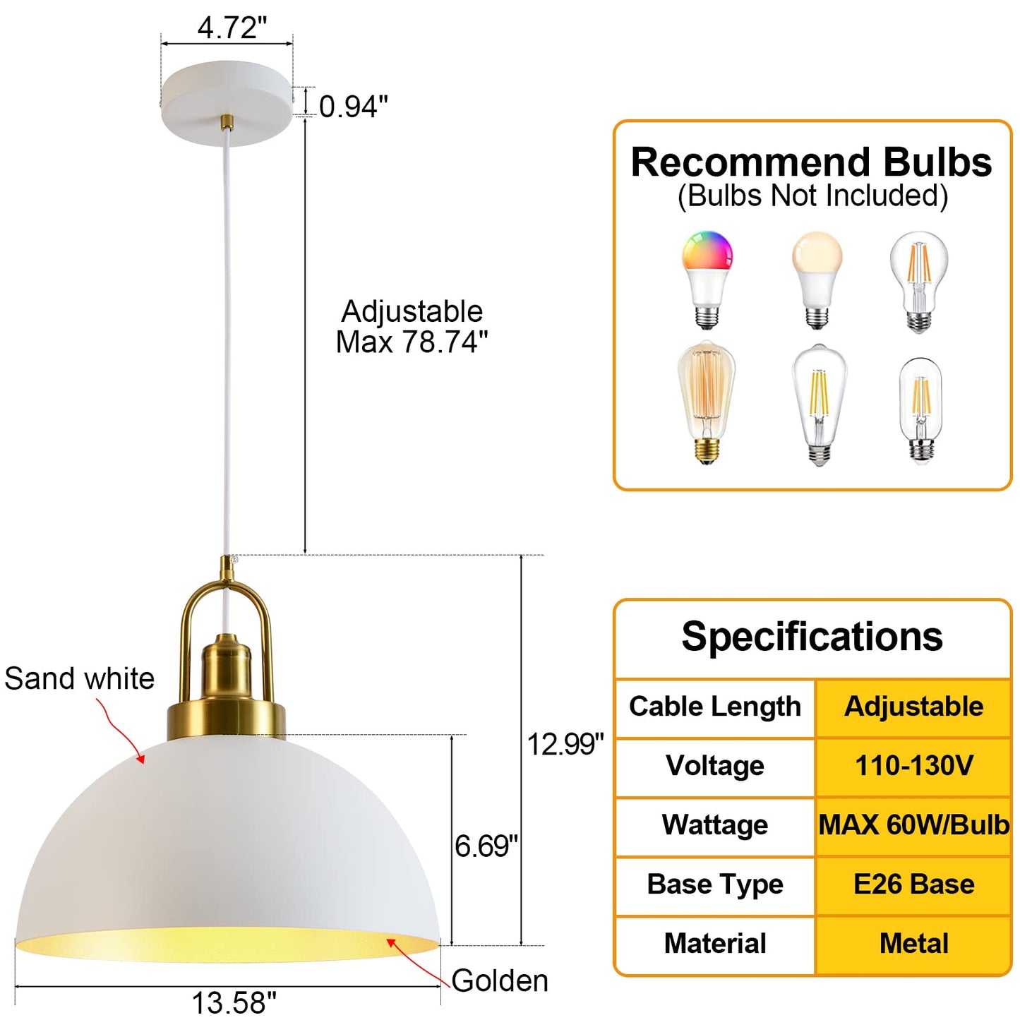 Vintage Industrial Pendant Light - 13.58'' Rustic White and Gold Farmhouse Dome Pendant Lighting, 78.74'' Length, for Kitchen, Dining, Bedroom, Living Room