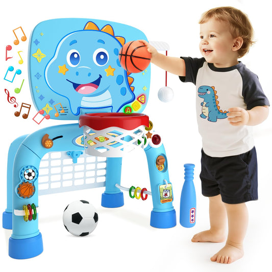 Toys for 1 Year Old Boy - Toddler Basketball Hoop & Soccer Goal & Baseball Activity Center with Light Sound Music, Dinosaur Montessori Sports Toy, Christmas Birthday Gift for Baby 12-18 Months, Blue