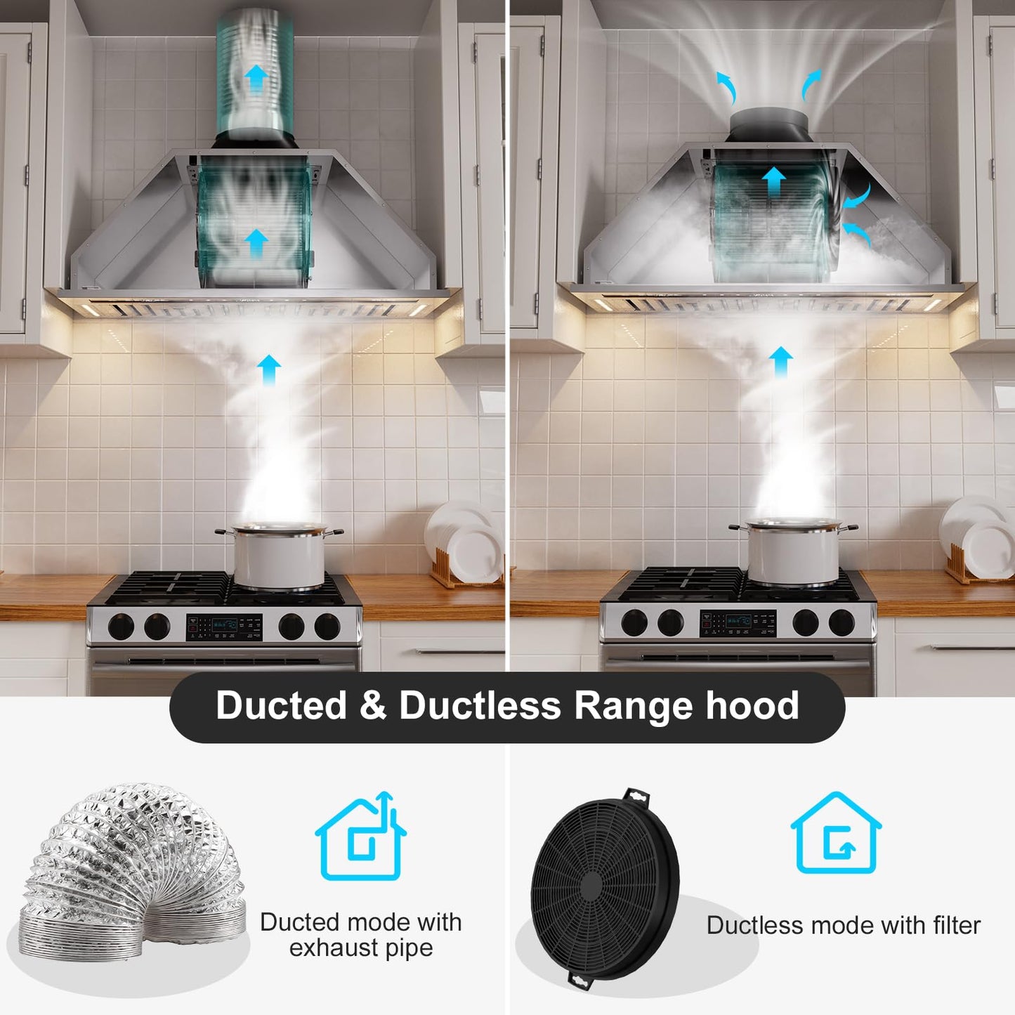 BRANO Range Hood Insert 30 Inch, 900 CFM Smart Voice/Gesture/Touch Control, 4 Speed Exhaust Fan, Stainless Steel Kitchen Hood with Charcoal Filter, Ducted/Ductless Convertible