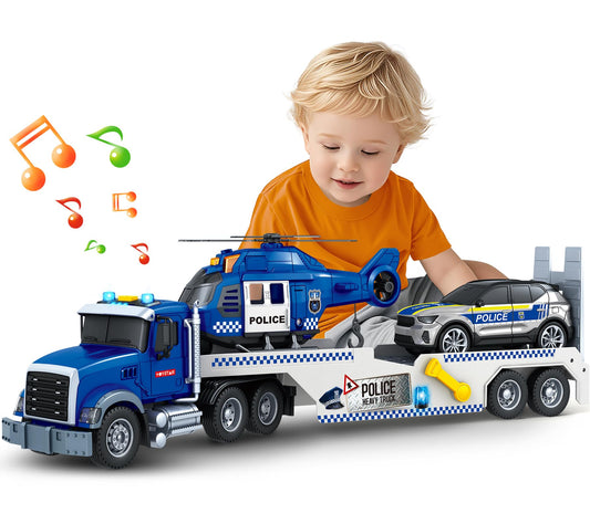 SpringFlower 21" Semi Truck Toy, 3 4 5 6 Year Old Boys Toddlers Police Truck Toy with Racing Car and Helicopter, 3 in 1 Police Car Toy, Birthday Gifts for Kids Child 3 4 5 6 Years Old
