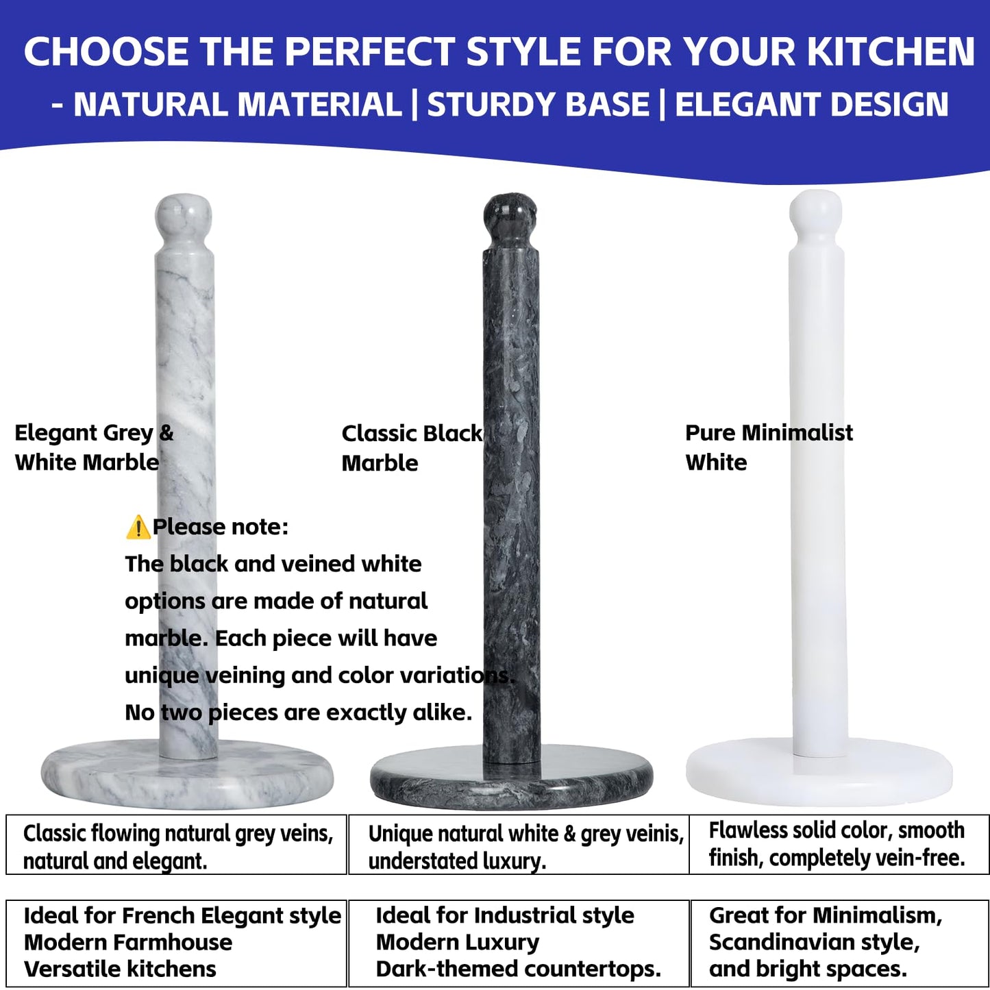 Natural Marble Paper Towel Holder for Kitchen Countertop - 2.6 lbs (1.2kg) Heavy Duty Weighted Base for One-Handed Tearing - Fits Jumbo Rolls - Elegant Modern Design with Ball Top - White & Grey