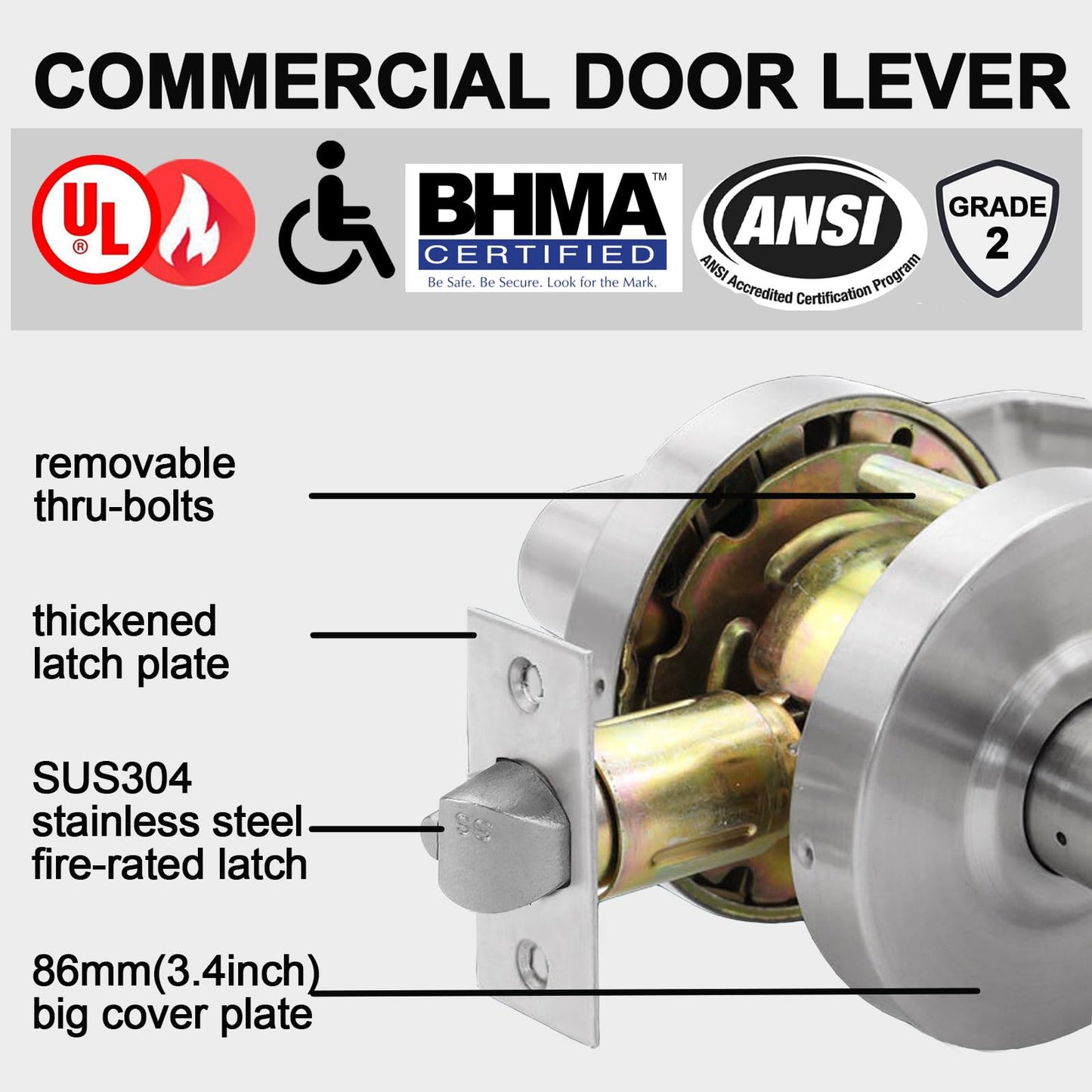 HISAFE Passage Commercial Door Locks Heavy Duty Grade 2 Lever, Non-Handed, UL 3 Hour Fire Rated, ADA Compliant, Satin Chrome Finish 26D, 2-3/4''Backset, X-XG-PS-70