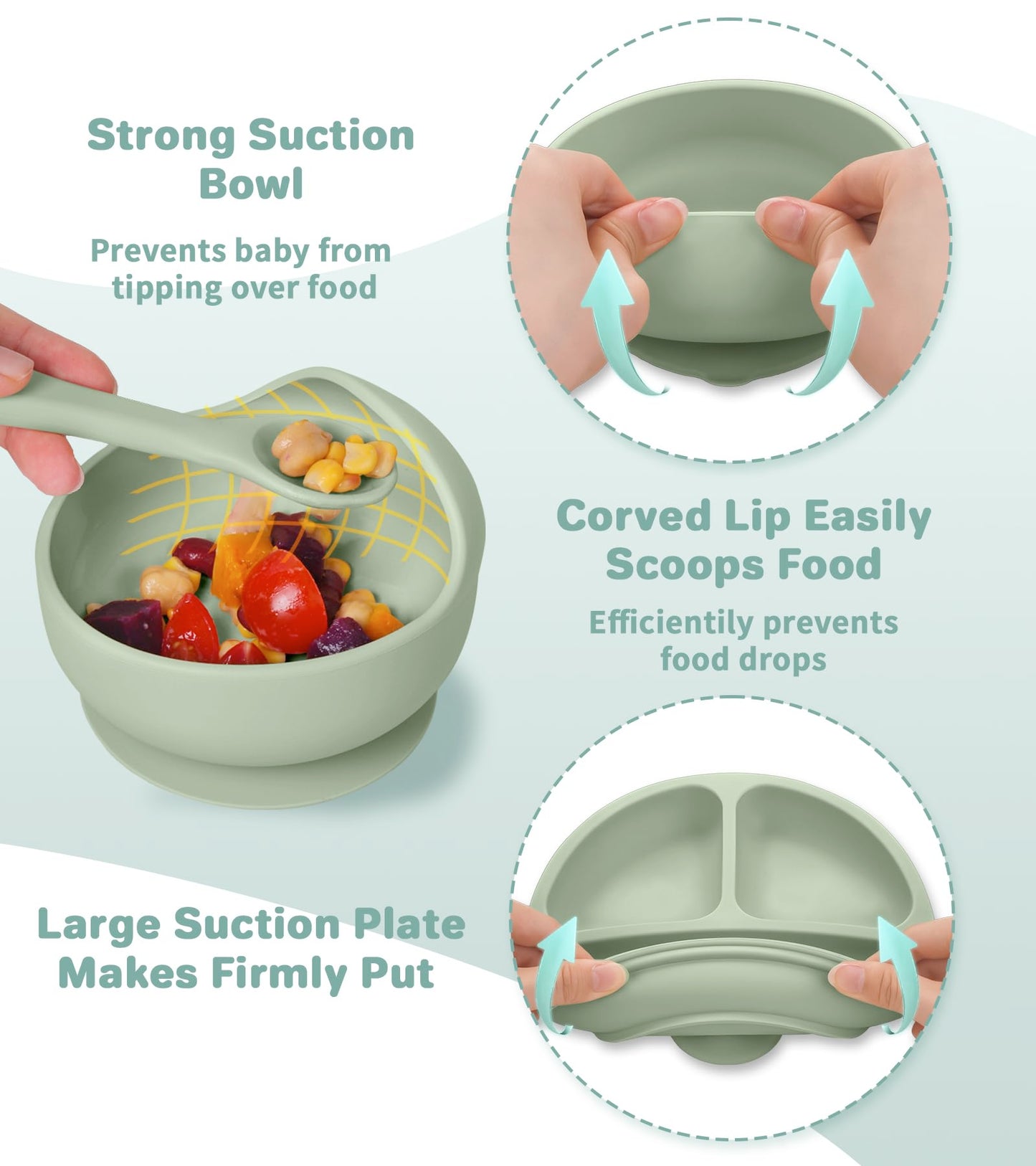 Silicone Baby Feeding Set, 10 Pcs Baby Led Weaning Supplies Baby Eating Essentials Set with Suction Bowl Divided Plate Adjustable Bib Soft Spoon Fork Cup with Lid Drinking Cup, Travel Bag (Green)
