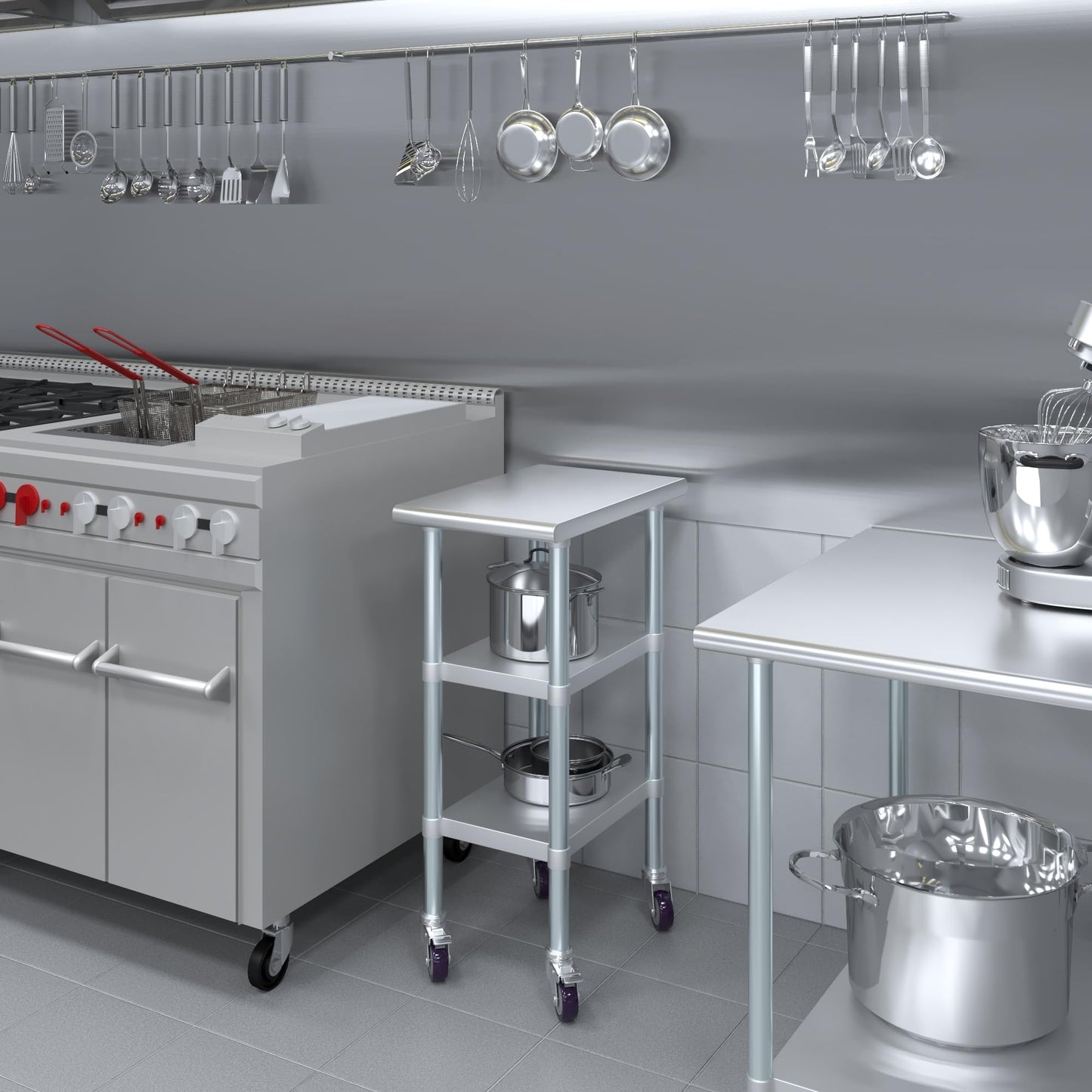 AmGood Stainless Steel Work Table with 2 Shelves and Casters | Metal Utility Table On Wheels (Stainless Steel Work Table with 2 Shelves + Casters, 15" Long x 24" Deep)