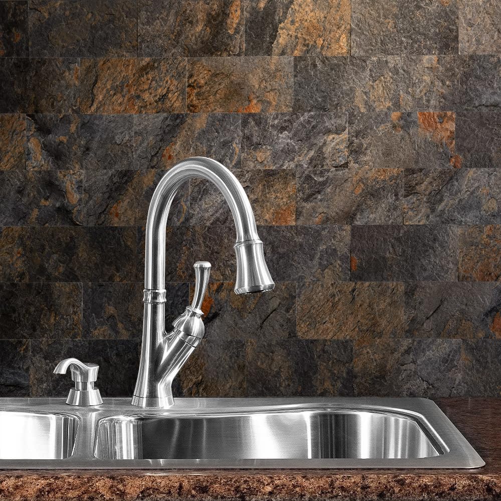 AULIGET 100 Piece Rust Slate Peel and Stick Backsplash Wall Tiles, 3" x 6" PVC Faux Stone Stick on Tiles for Backsplash Kitchen, Bathroom, Laundry Room, Camper, Fireplace