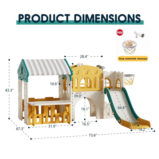 Playground Playsets Outdoor Playhouse 10 in 1 Toddler Slide with Rock Climber with Basketball, Hoop, Storage, playroom Upgraded
