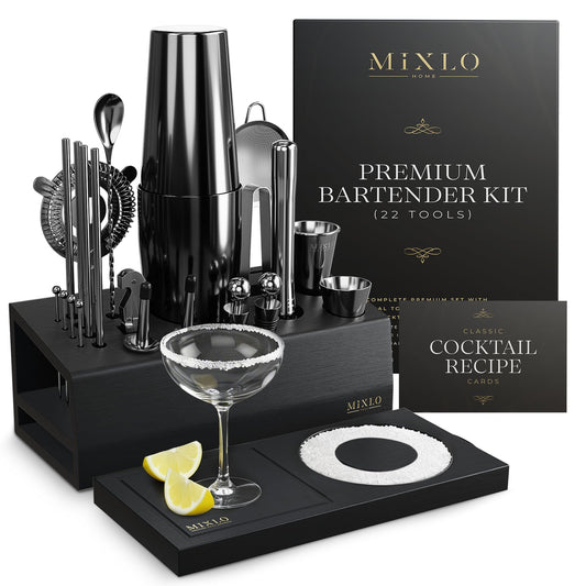 MIXLO HOME Mixology Bartender Kit - 22Pcs Bar Set Cocktail Shaker Set w Black Bar Cart Accessories Stand - Shakers Bartending Gun Metal Black Tools, 24oz Shaker, 17 Recipe Cards, Martini Barware