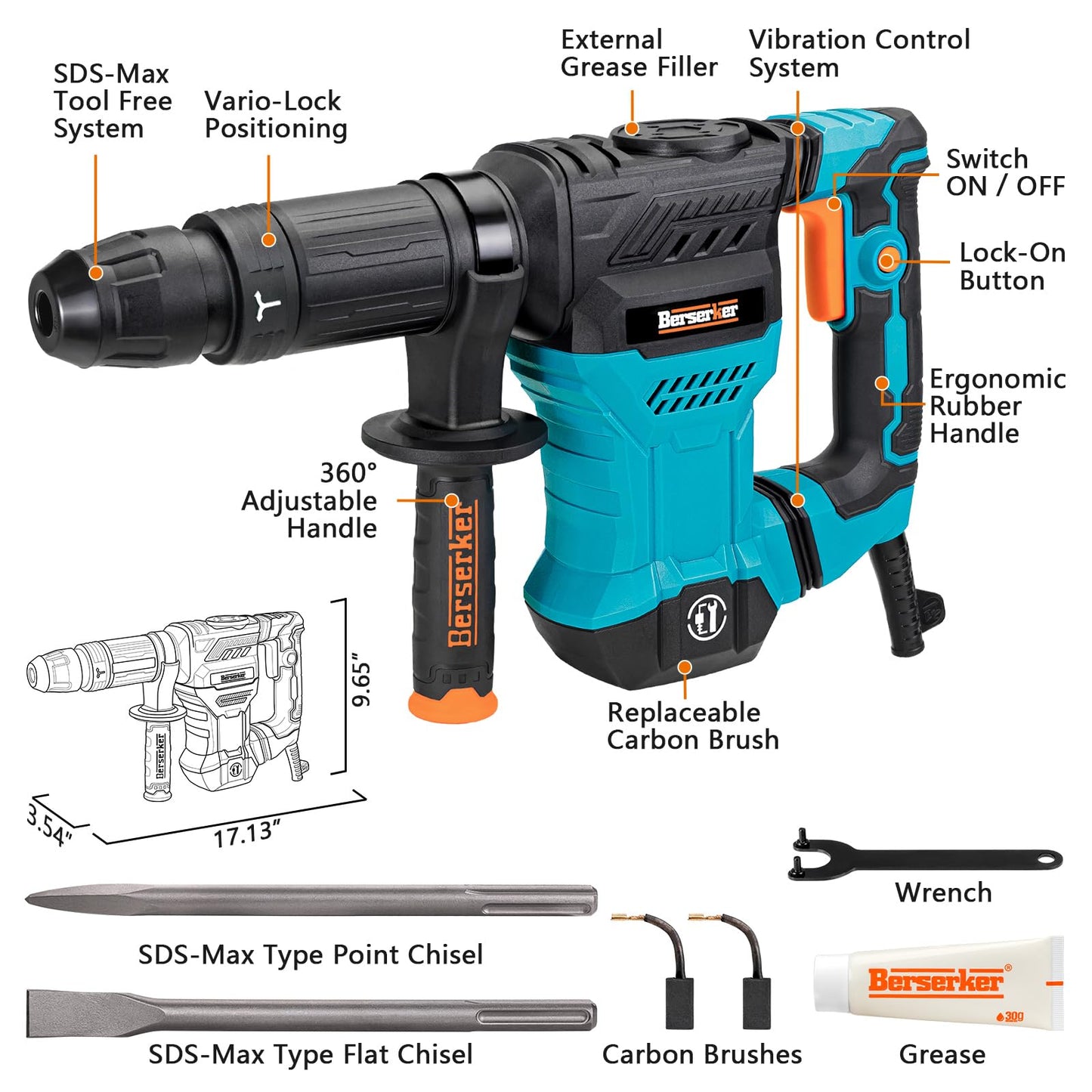 Berserker 1300W 12-Pound SDS-Max Demolition Jack Hammer, 1-9/16" 11-Amp Small Corded Electric Demo Chipping Hammer for Floor Tile Removal, Concrete Breaker with Carrying Case & 2 Chisels